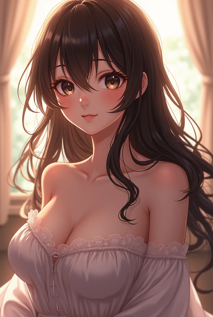 brunette hair woman, anime style and busty
