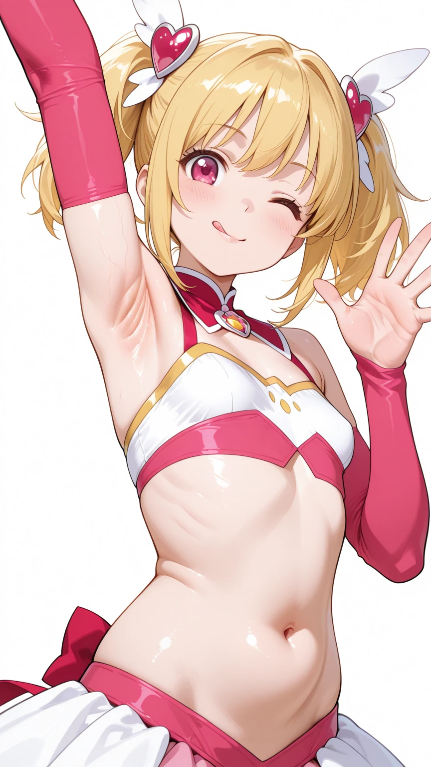 ​masterpiece, top-quality, hight resolution, venus1, 1girl in, 独奏, Minako Aino, blonde  hair, magical little girl, blue eyess, Orange skirt, elbowgloves, tiarra,  Hair Ribbon, a choker, Red bow, orangechoker, white glove, Very long hair, jewely, 耳环, put hands on the hip, bend over, leaning-forward, a smile, Opening Mouth, a street, Underwear、White underwear、White bra、white panty、Underwear with a small area、in one's underwear only、Nipples are coming out、teats、teats、teats、