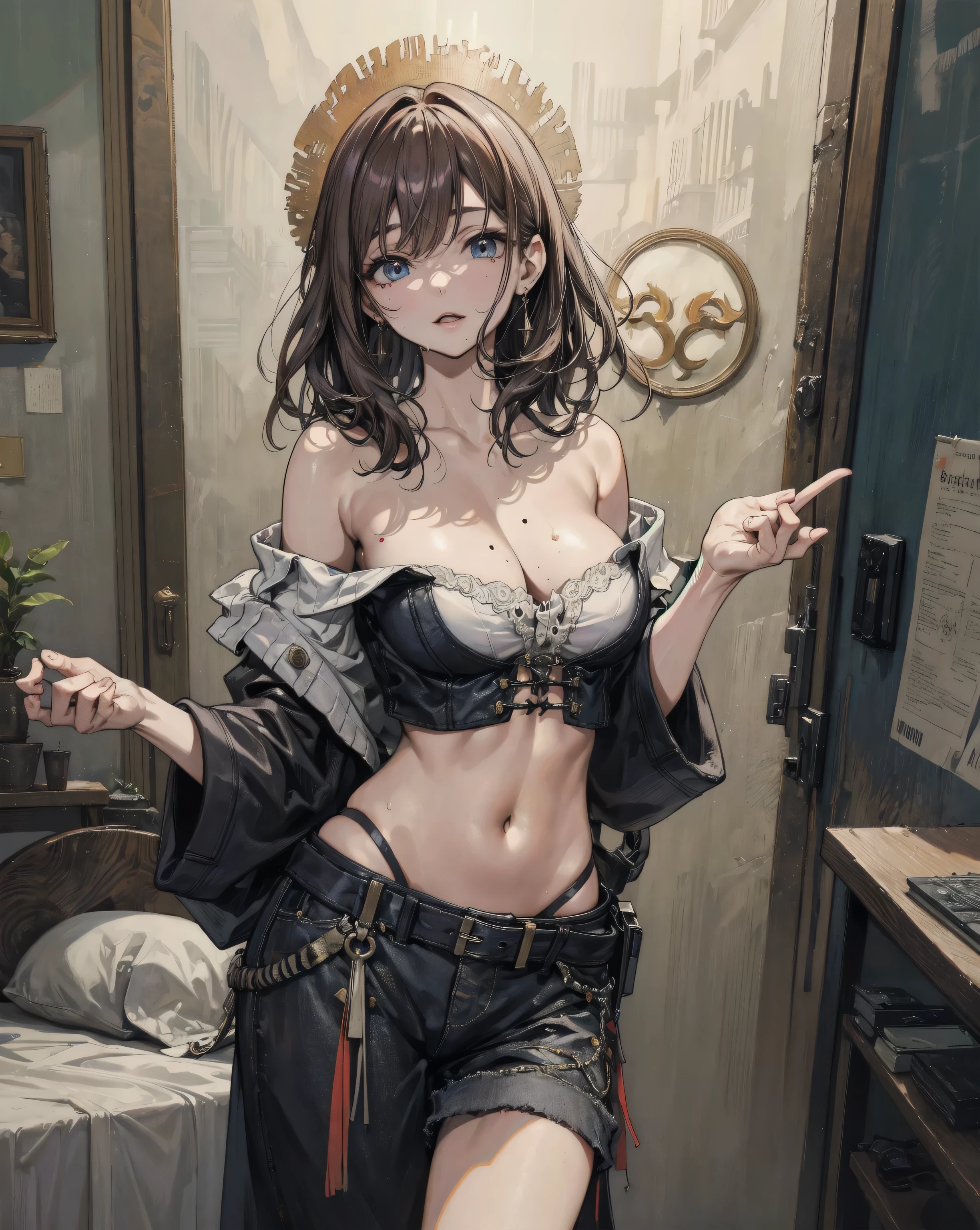 （（（masterpiece、Highest image quality、highest quality、highly detailed unity 8ｋwallpaper）））、（（Illustration of one girl、upper body））、（（（beautiful girl）））、（librarian）、（（blue hair、freckles：1.3））、（stocky build, thickset physique：1.3, broad shoulders, solid chest）、big breasts、librarian服、great medieval library
