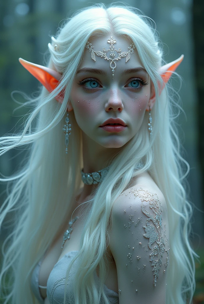 like your slightly pointy ears,a circular transparent crown that looks like it is made of thorns, that crown floated above the woman's head, the crown did not float.And what caught the most attention was the beauty of that woman, she was so beautiful with her long, silver hair., and her blue eyes gave her an aura of purity with her thin lips and her face that seemed to have been sculpted by an artist the woman was aut