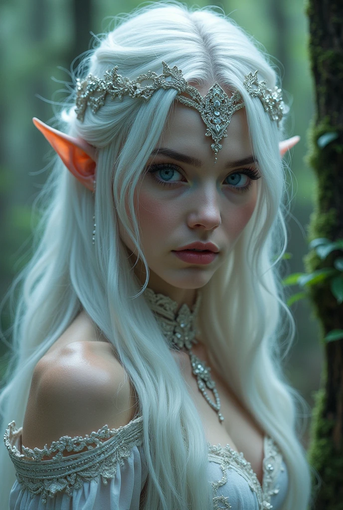 (Bust close-up portrait), 年轻美丽的光精灵sparkling, sparkling，It looks very beautiful. They are usually mild-mannered, happy and enthusiastic, Able to communicate with trees, Flowers and plants, fish and birds, Have the perfect figure, radiant skin, expressive eyes, High cheekbones, Delicate nose, bright smile, flowing hair, and wear an exquisite lace wedding dress, Forest background under moonlight,
Advertising style shoot, romantic wedding photography style, soft natural light, Shot with Canon AE-1 film camera, Lens 50mm, F/1.8, light depth of field, pastel color palette, Very detailed, 8k,