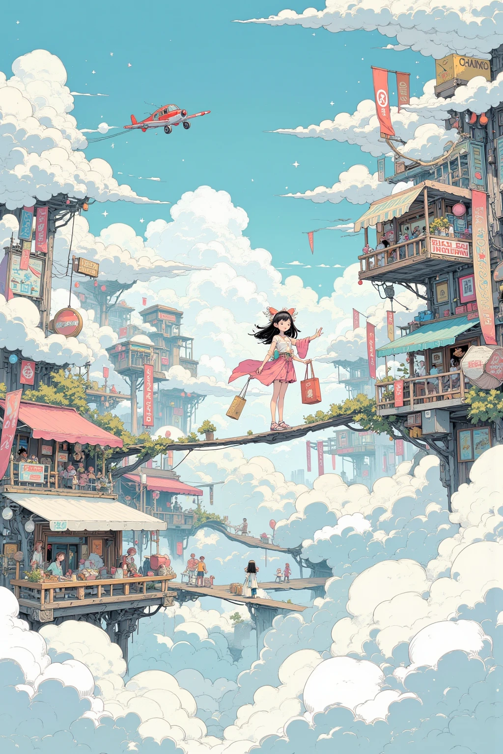 anime style, fantasy shopping scene in the clouds, 1 girl flying a small retro airplane through a sky filled with fluffy clouds, approaching floating market stalls and whimsical shops built on clouds, pastel-colored sky with magical sparkles and soft sunlight, store signs like "Cloud Café", "Sky Boutique", and "Air Market" suspended in midair, small bridges and stairways connecting floating cloud platforms, shopkeepers waving from above, shopping bags floating beside her, joyful expression, dreamy atmosphere, cinematic wide shot, detailed architecture, vapor trails in the sky, highly detailed, vibrant colors, masterpiece, best quality