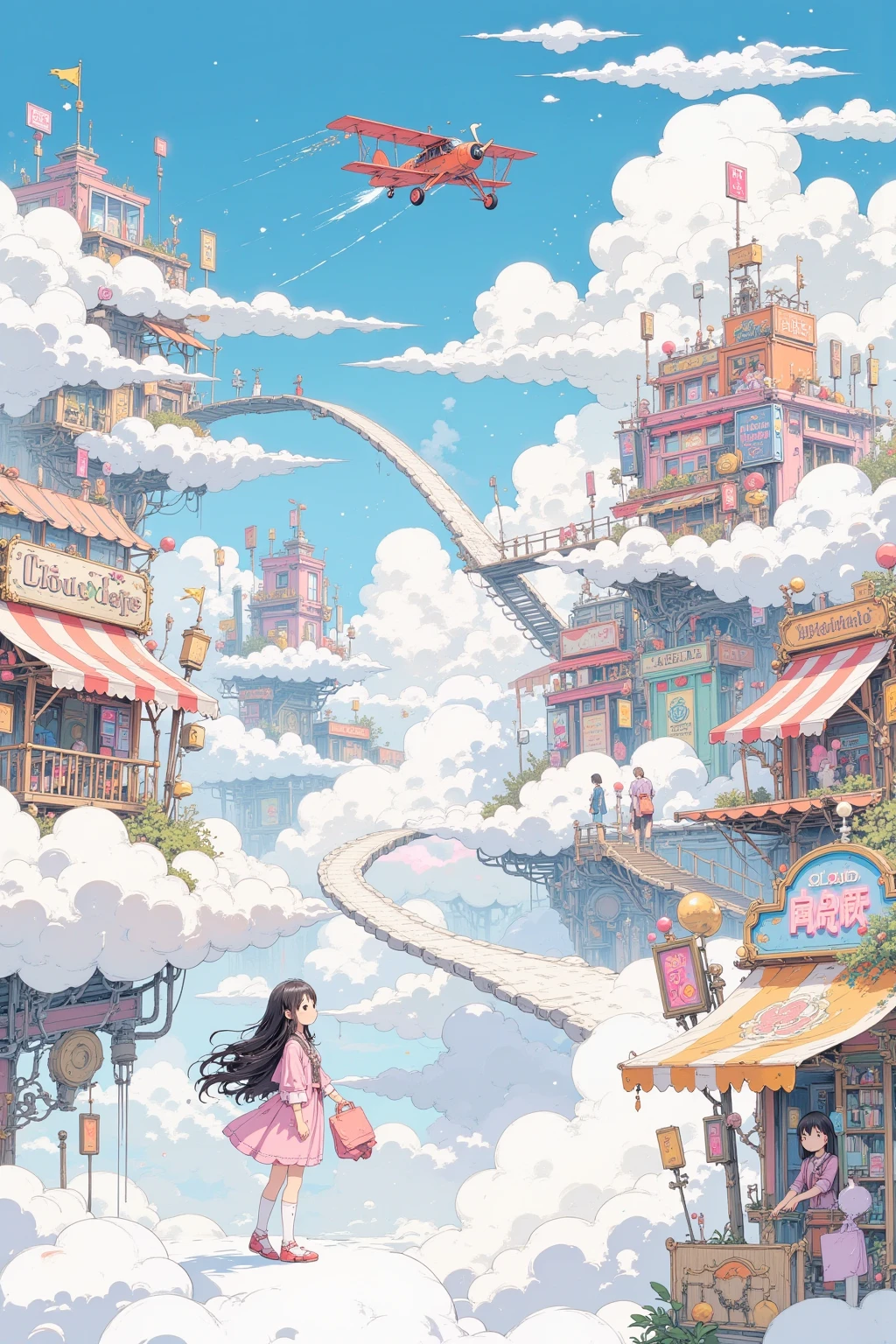 anime style, fantasy shopping scene in the clouds, 1 girl flying a small retro airplane through a sky filled with fluffy clouds, approaching floating market stalls and whimsical shops built on clouds, pastel-colored sky with magical sparkles and soft sunlight, store signs like "Cloud Café", "Sky Boutique", and "Air Market" suspended in midair, small bridges and stairways connecting floating cloud platforms, shopkeepers waving from above, shopping bags floating beside her, joyful expression, dreamy atmosphere, cinematic wide shot, detailed architecture, vapor trails in the sky, highly detailed, vibrant colors, masterpiece, best quality