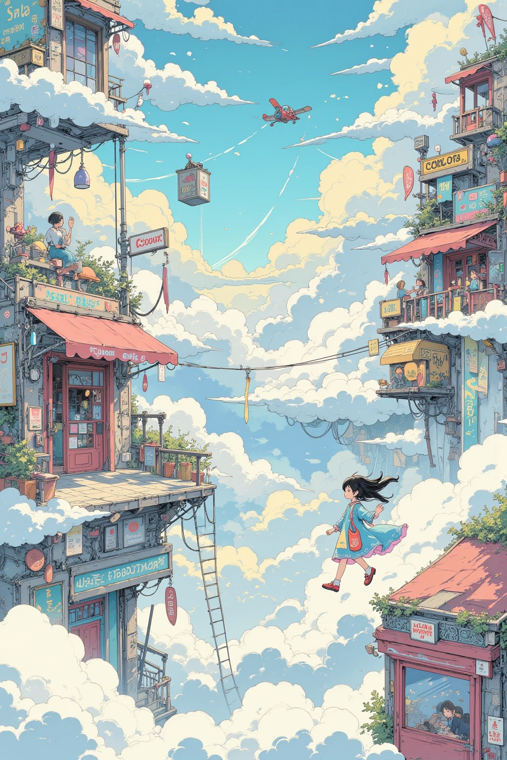 anime style, fantasy shopping scene in the clouds, 1 girl flying a small retro airplane through a sky filled with fluffy clouds, approaching floating market stalls and whimsical shops built on clouds, pastel-colored sky with magical sparkles and soft sunlight, store signs like "Cloud Café", "Sky Boutique", and "Air Market" suspended in midair, small bridges and stairways connecting floating cloud platforms, shopkeepers waving from above, shopping bags floating beside her, joyful expression, dreamy atmosphere, cinematic wide shot, detailed architecture, vapor trails in the sky, highly detailed, vibrant colors, masterpiece, best quality