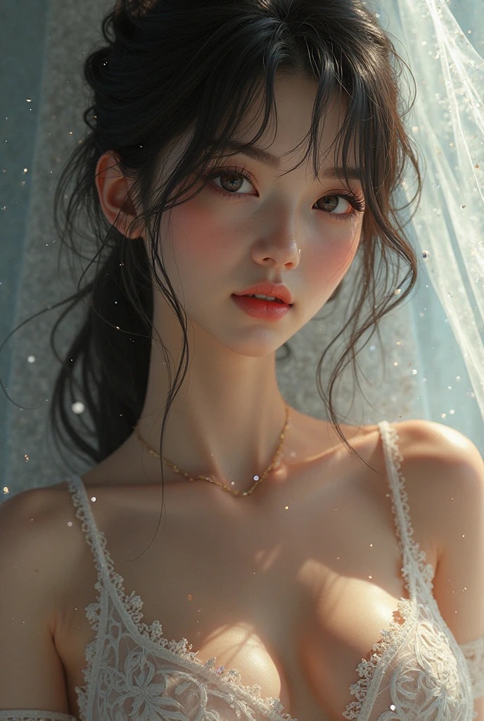 ((最大16K解像度のmasterpiece:1.6)), beautiful, Highest quality, Absolutely wonderful, high detail, Ultra-high resolution, masterpiece, Real, Realistic, The depth of the written world, Cinematic Light,
One elegant mature woman, Long black hair, beautiful顔, Highly detailed facial expressions, Gentle expression, Transparent white skin, Very delicate skin texture, Superb proportions, Anatomically correct body,
Elegant high leg swimsuit, snow-white color, Fine fabric texture、
Black Background,
Focus on the upper body,((Close-up of face:1.5)),
