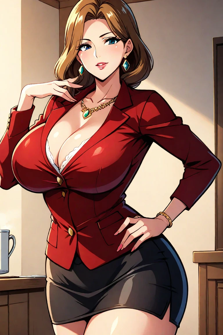 Masterpiece, hi res, absurdres, Best Quality, 4K, 8K, detailed, 1girl,solo, Mature female, Futanari,  tall, long Brown hair, stoic face, white pants,green shirt,tall,milf,red lipstick, prominent lips,curvy, big ass,hand on his,Big breasts,Protruding crotch,Big bulge on pants,Futanari,shemale, genitalia outline on clothing, erection,(Very big bulge),male genitalia, bulge