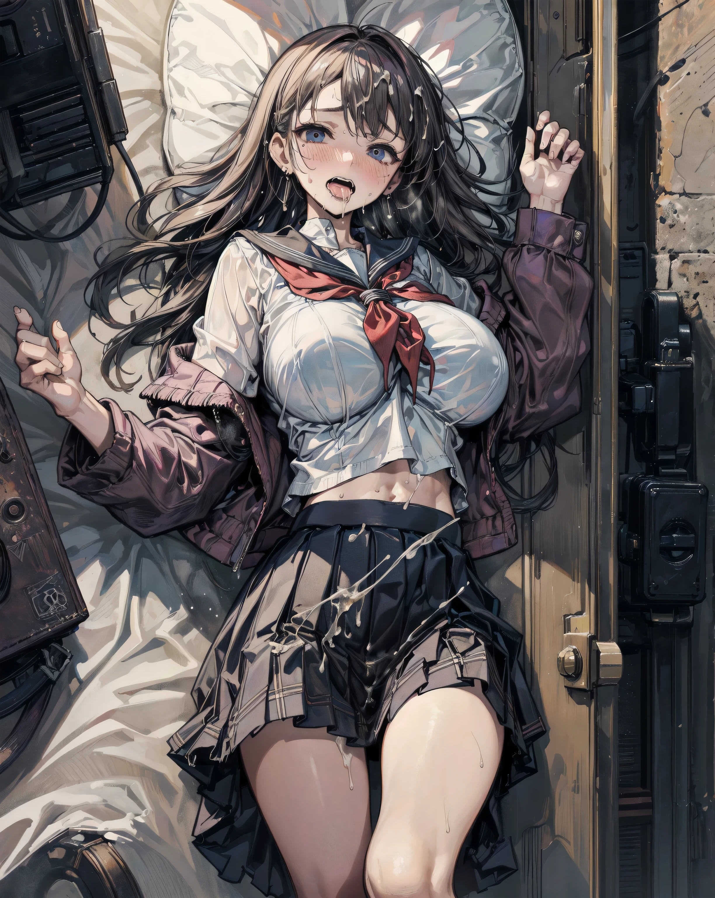 Masterpiece, top quality, high resolution, solo, indoors, white shirt, black skirt, red ribbon, undressed, bra, side tie thong, lying down, from above, open arms, angry, bed, disheveled clothes, heavy breathing, sexual expressions