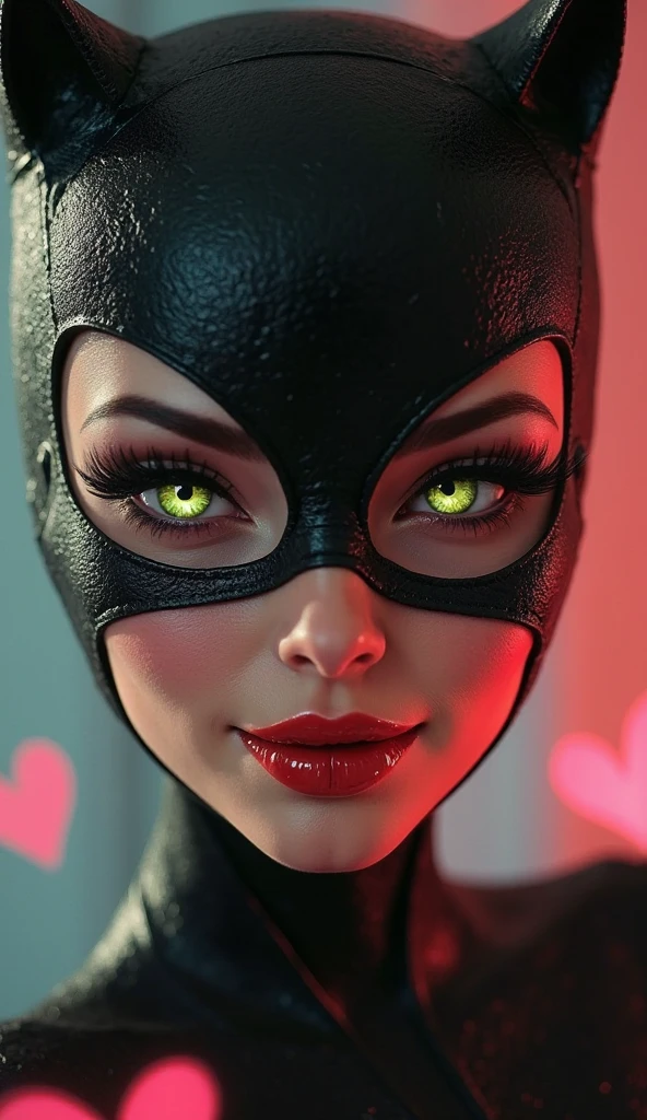 Create an image ,of a very attractive lady, with her flirtatious face, with a tight red suit with a mask, very similar to Harley Quinn in comic form 