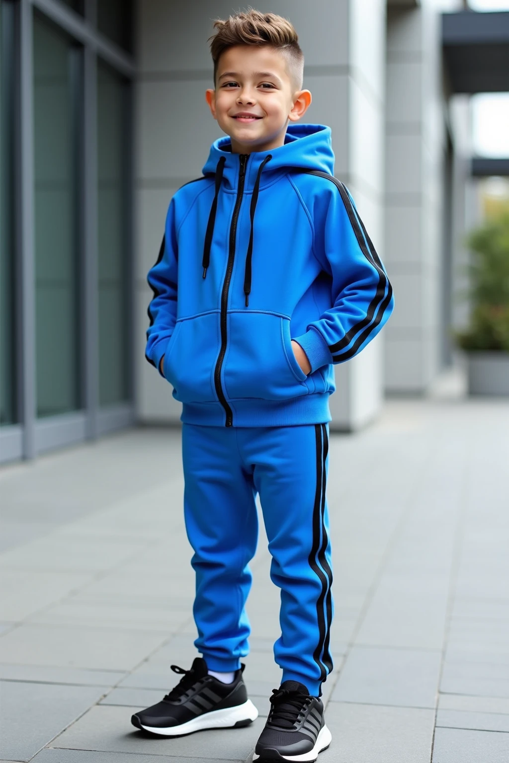 A young boy wearing a modern, stylish tracksuit in a dark color like navy blue or black, with white or contrasting stripes along the arms and legs. The tracksuit is well-fitted, with a zip-up jacket and matching pants. The boy is also wearing a dumala, a traditional Sikh turban, in a bright color like saffron or blue, neatly tied. He stands confidently, perhaps with his hands in his pockets or crossed over his chest, with a calm expression on his face. The background is simple and neutral, allowing the focus to be on the boy and his outfit."