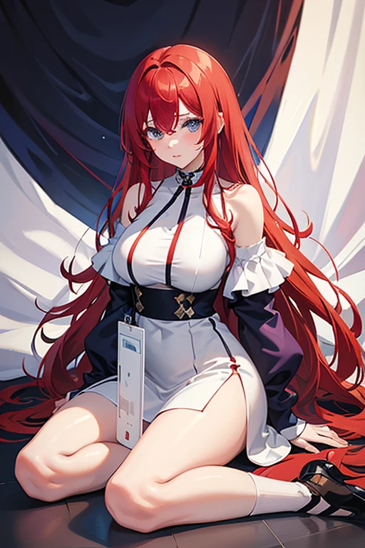 My name is Hikaru, I am a white test doll with long red hair and black eyes. I am 1.60 cm tall and weigh 56 kg. My breast sizes are 300 cm, my waist is 60 cm and my hips are 200 cm. Dressed in a long blue jacket and a garter belt along with a black thong. With big breasts 310 cm