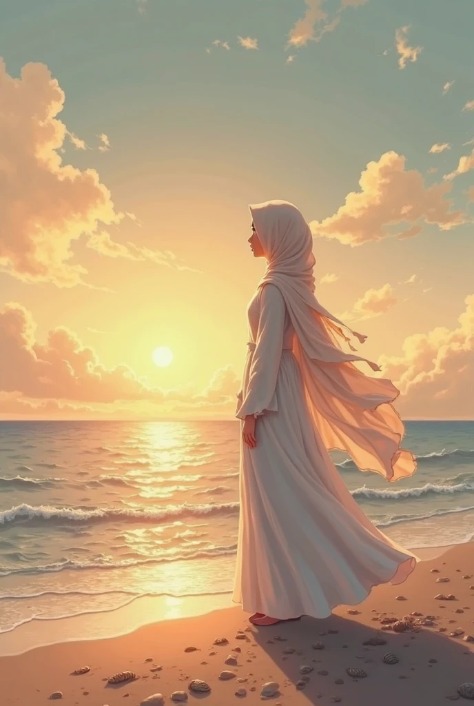 16-year-old girl wearing a light gray hijab wearing a light blue shirt and light gray pants standing watching the sunset on the beach 