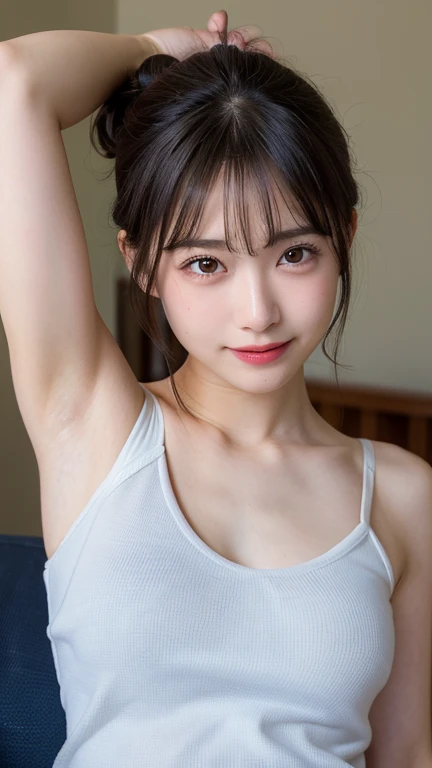 8K, Best Quality, Masterpiece, Ultra High Resolution, (Realism: 1.4), Original Photo, (True Skin Texture: 1.3), (Film Grain: 1.3), (Selfie Angle), 1 Girl, Beautiful Emerald Gemstone Eyes and Delicate Face Details, Pink Top, Masterpiece, Best Quality, Close-up, Upper Body, Looking at the Viewer, (Smile: 1.5)