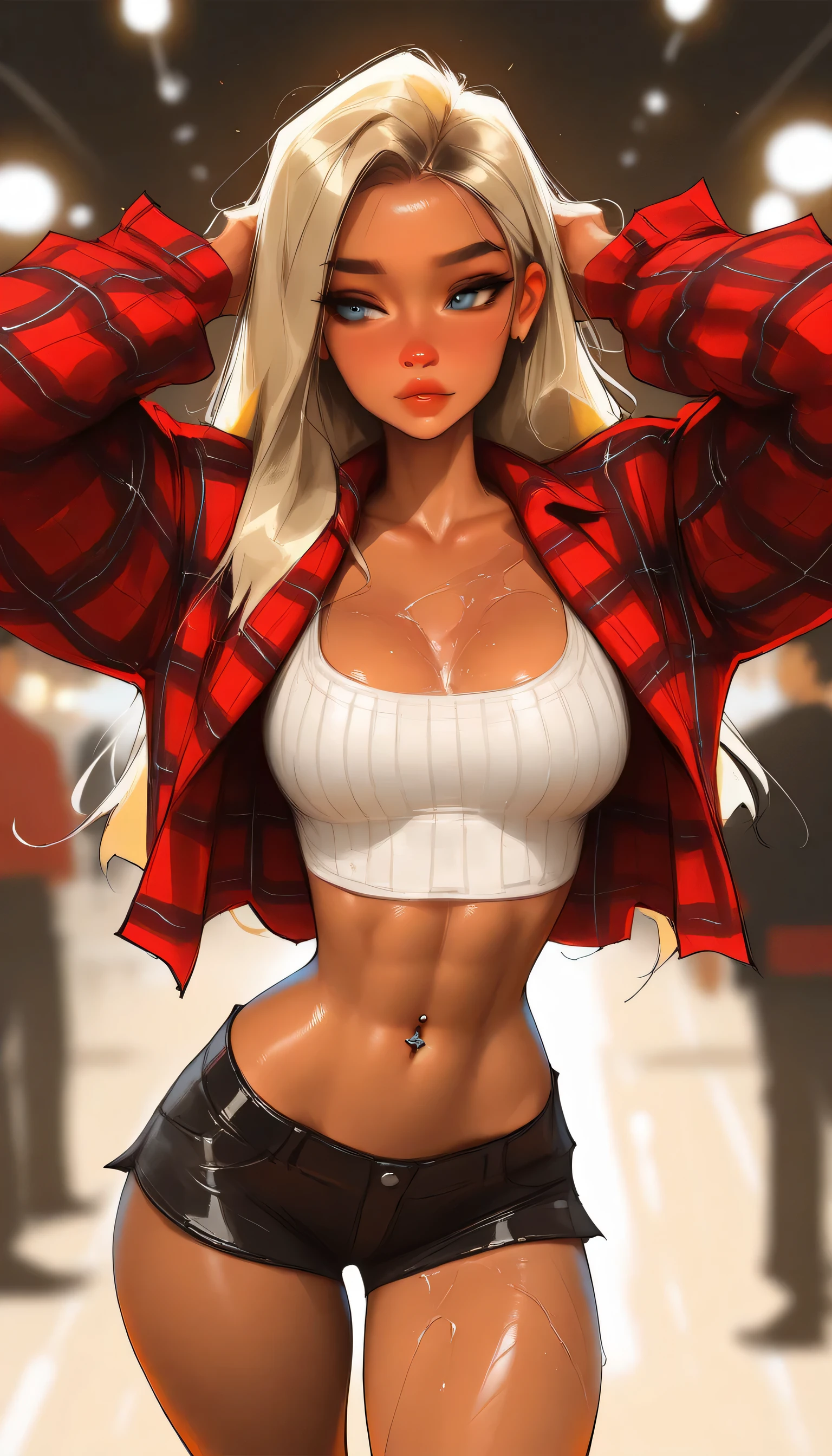 masterpiece, best quality, very aesthetic, movie quality, depth of field,soft saturation, focused subject, ,official style, shiny skin, secret mission, 1girl,, straight blonde hair, blonde hair, long hair, blue eyes, dark hair roots,, ( glossy-skinned female ,), slender body, hourglass figure, ann takamaki, oily skin, realistic eyes, medium breasts, fashionable girl, fluids on skin, , , rich girl, body shirow masamune, sam yang, jewelry, , realistic, red flannel, short shorts,, navel piercing, (tiktok dance), swaying, dance, club