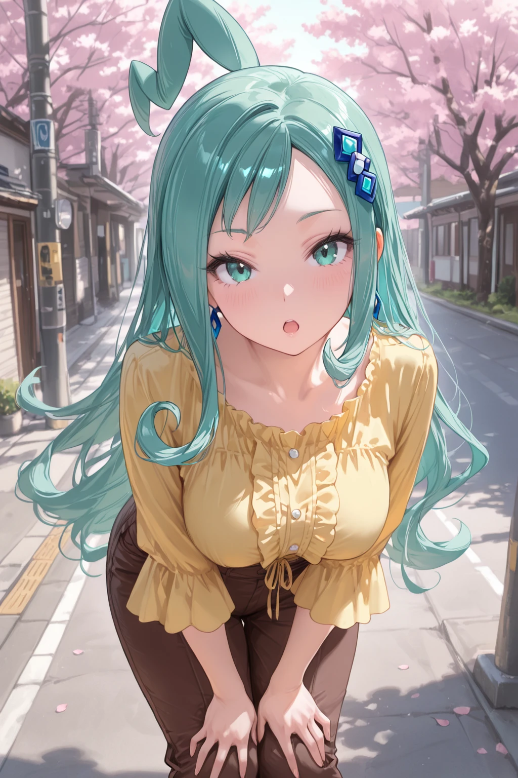 1 girl, bright blue hair, orange sweater, outdoor, long hair, breasts, smile, detailed face, beautiful detailed eyes, beautiful detailed lips, extremely detailed eyes and face, long eyelashes, (best quality, 4k, 8k, highres, masterpiece:1.2), ultra-detailed, (realistic, photorealistic, photo-realistic:1.37), portraiture, vibrant colors, natural lighting, warm tones, large breast, sensual Perfect body.
