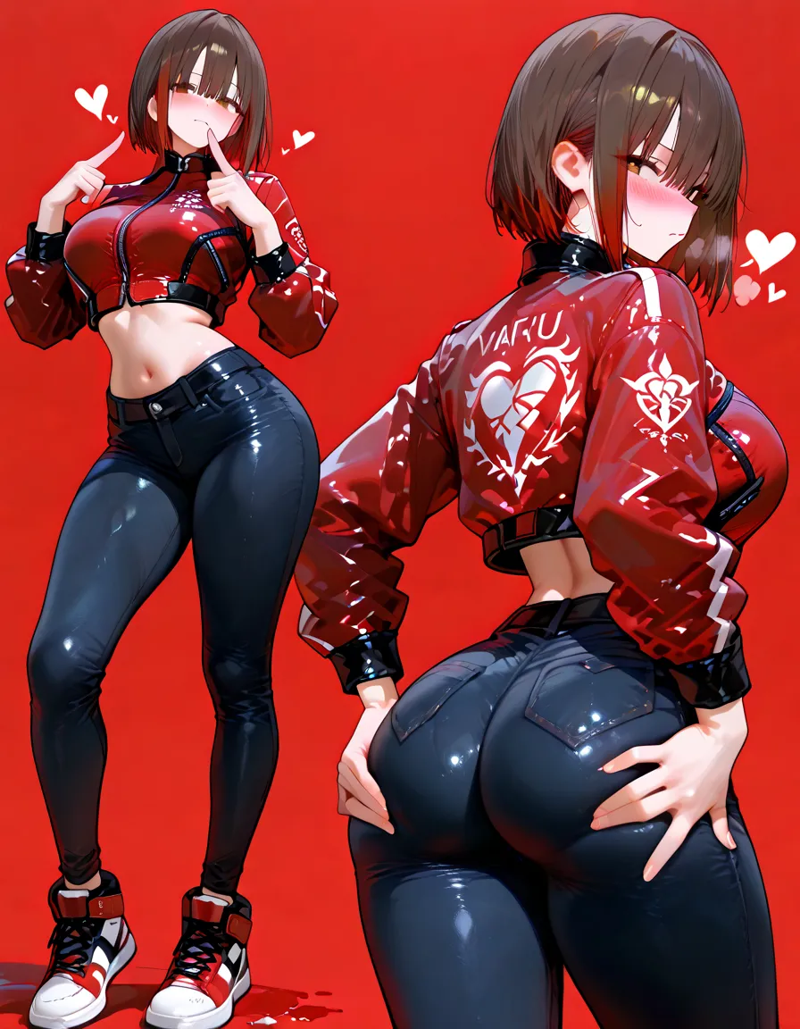 woman、bright red hair,short bob,Braiding hair,red eyes,Black long sleeves,Black shorts,