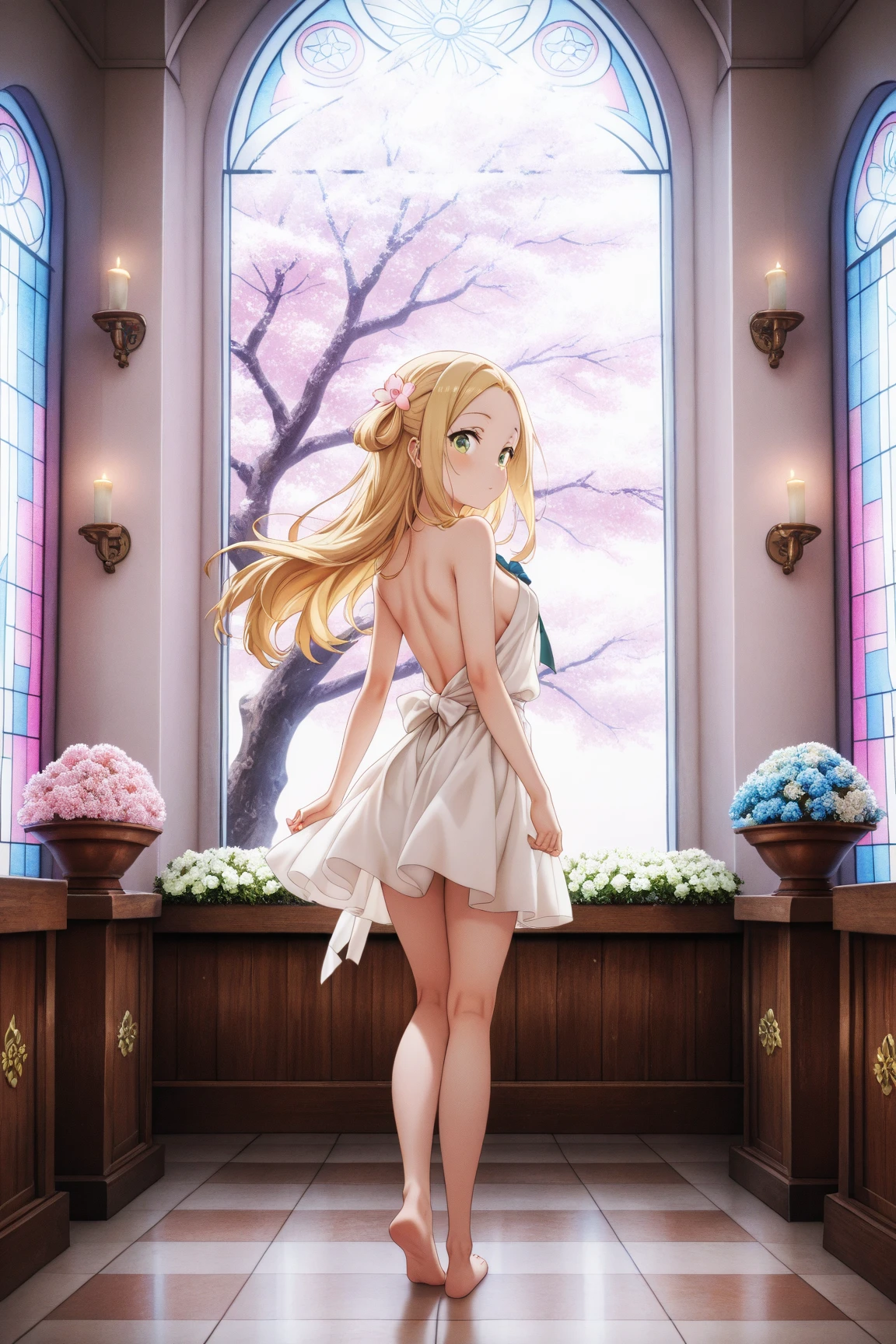 hoshinoruby, star-shaped pupils, ruby_hoshino, blonde hair, bangs, 1girl, pink eyes, long hair, backless, covering breasts, cowboy shot, back view, 