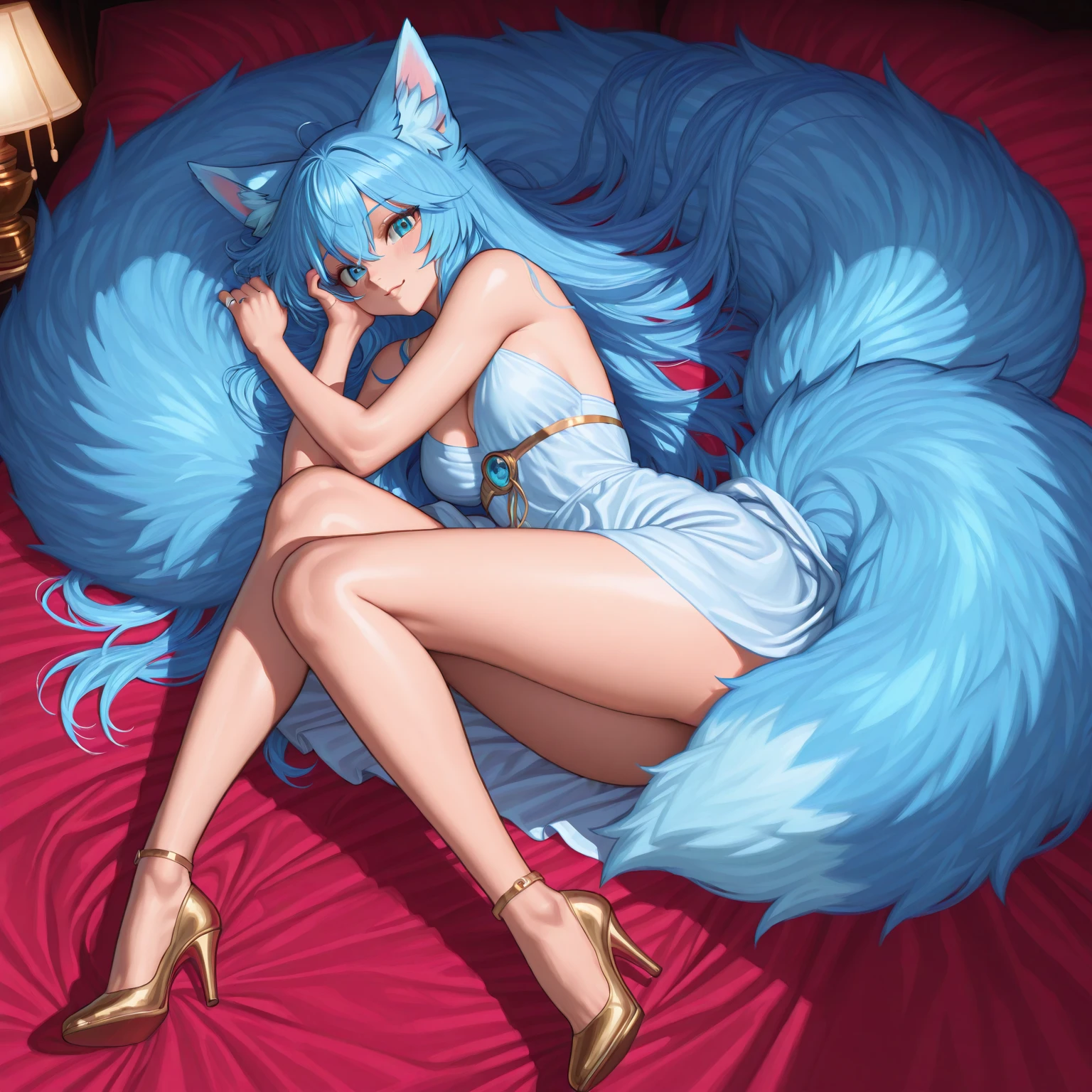 (Masterpiece) (High Detail) (High Res) A short slim humanoid girl with pale human skin and blue eyes and long blue hair and blue dog ears and a fluffy blue dog tail and medium breasts. She is wearing a sequin covered red dress and is on all fours looking over her shoulder. She is blushing. she looks shy.