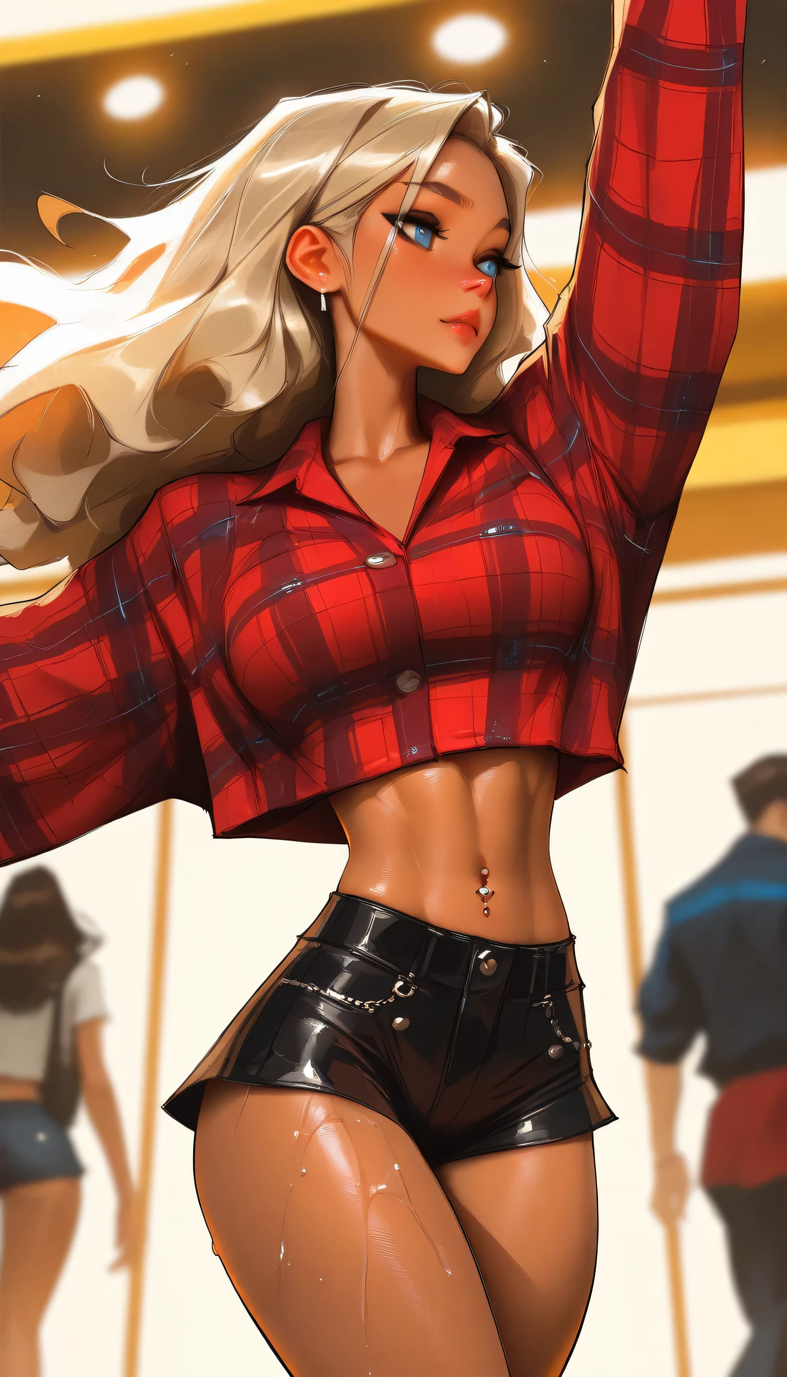 masterpiece, best quality, very aesthetic, movie quality, depth of field,soft saturation, focused subject, ,official style, shiny skin, secret mission, 1girl,, straight blonde hair, blonde hair, long hair, blue eyes, dark hair roots,, ( glossy-skinned female ,), slender body, hourglass figure, ann takamaki, oily skin, realistic eyes, medium breasts, fashionable girl, fluids on skin, , , rich girl, body shirow masamune, sam yang, jewelry, , realistic, red flannel, short shorts,, navel piercing, (tiktok dance), swaying, dance, club