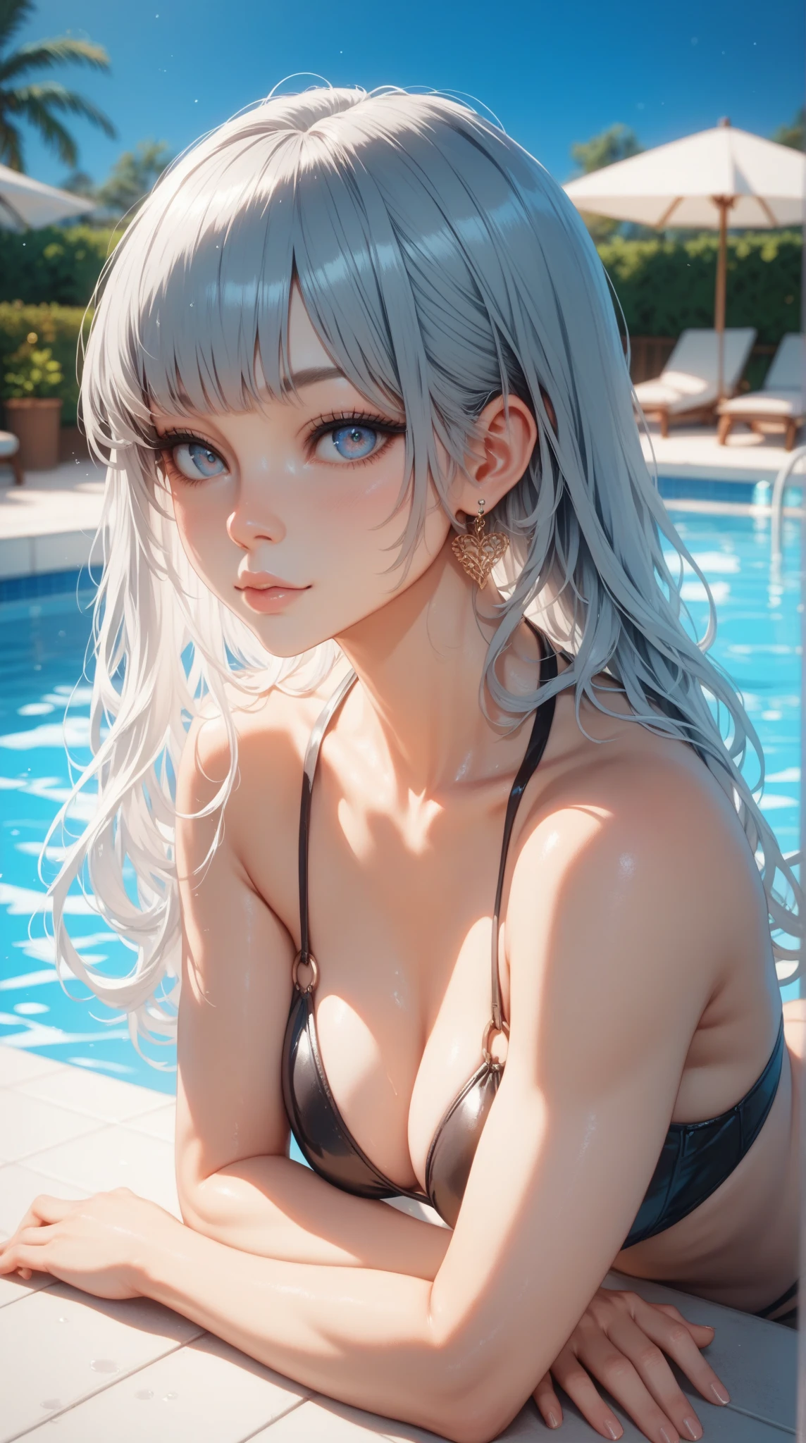 Cute girl , beautiful breast , beautiful hair , silver hair, bikini , pool , silver eyes