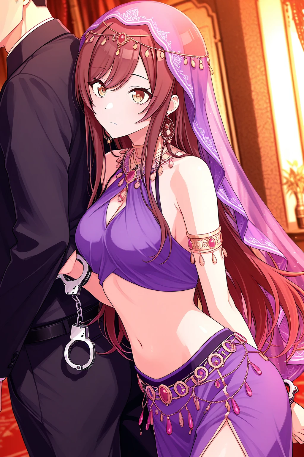 Arabian Dancer Costume、pole dance、erotic、(Small Tits)、Pink lighting、(Face Veil)、Nipples、seductively squatting down and spreading her legs、(Minase Iori)、erotic face、Brown Hair、irrumatio, hands on head、balls_deep,deepthroat、semen