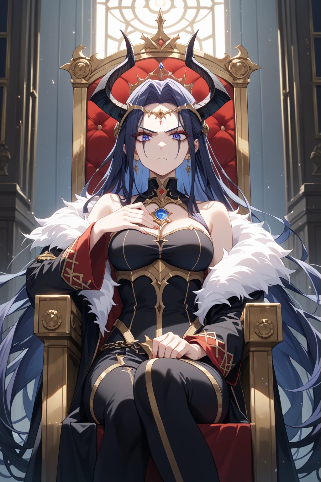 ((Highest quality)), ((masterpiece)), (detailed), (Perfect Face)、The woman is Princess Leona, with medium-long light brown hair, wearing a shiny, flashy, sexy, revealing black dress bodysuit, an open-front skirt, a cape, a headgear, lipstick and makeup, and is an evil female executive who is standing next to a man who is the dignified boss of an evil organization.、Women are brainwashed, expressionless, and have no highlights in their eyes.、The woman is being held close by the powerful boss of an evil organization.、The woman is being embraced and fondled by the powerful boss of an evil organization, sitting on the throne.