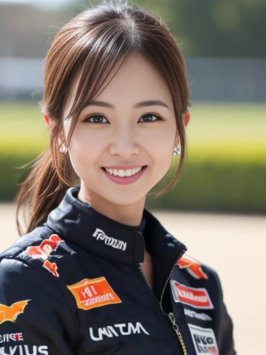 The highest image quality、Exceptional detail、超A high resolution、(realisitic:1.4)、high-detail、Favor the details、Highly condensed 1girl、Longhaire、delicate and beautiful face、Dressed in a white leather racing suit、Racing on a black motorcycle、The background is a race track、circuit、racer、Cool smile、huge tit