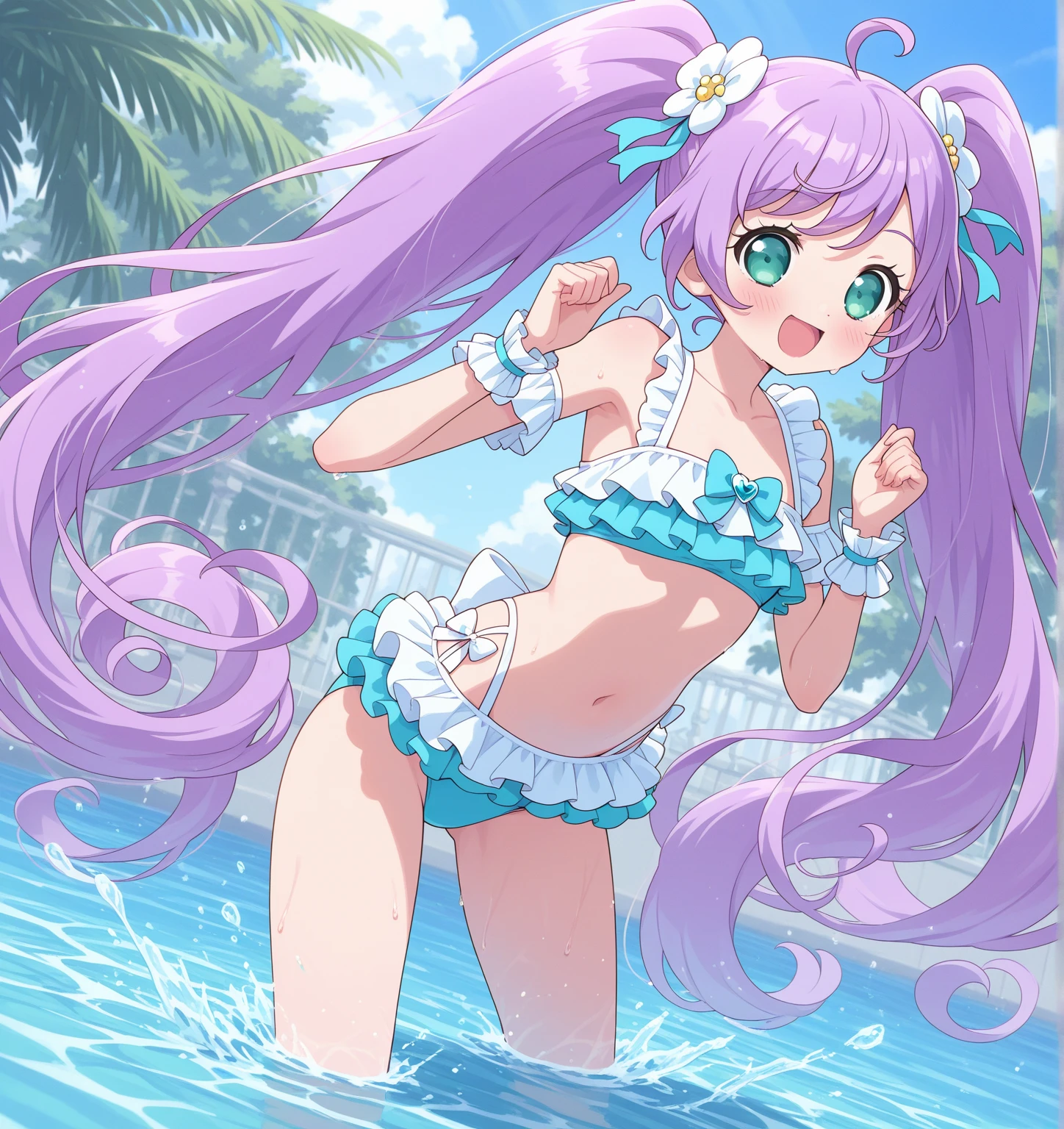 Fluttershy, 1 girl, Equestria Girls, pink hair, long ponytail, blue eyes, clear yellow skin, small breasts, detailed body, detailed face, detailed eyes, glistering body, shiny body, gorgeous body, masterpiece, athletic body, full body, smilling, ((flower on head, green frilly bikini, white skirt, flip flops)), beach, clear sky, sit on beach chair,