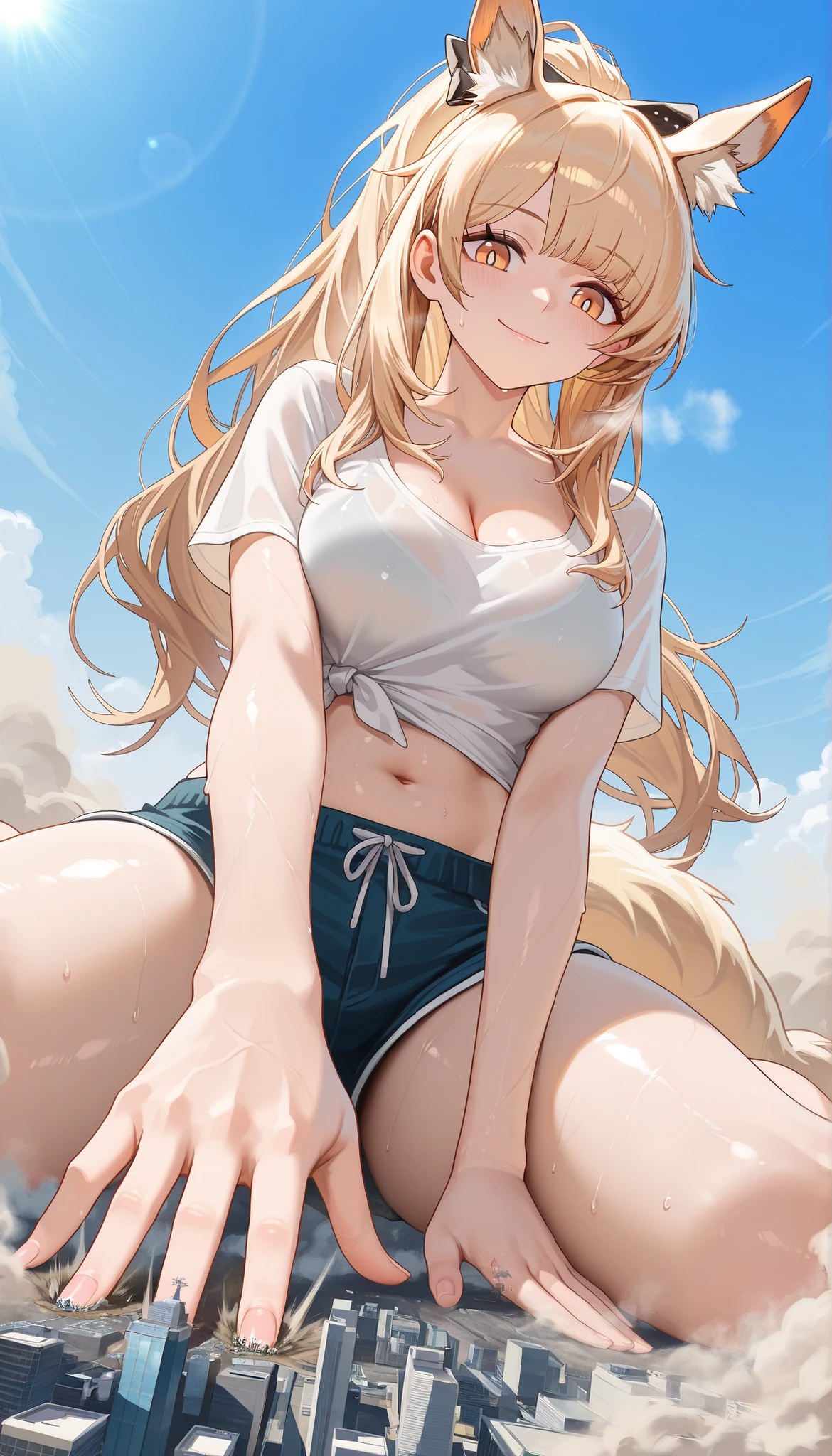 blemishine_\(arknights\), blonde hair, ponytail, yellow eyes, hair bow, giantess, microcity, powerful, hand focus, white shirt, sweat, Steam, Cleavage, ホットパンツ, navel, wariza, Outdoors, bluesky, Smile Yan, dust, A woman is picking a building with her finger, A raised building, from below, panorama, pov