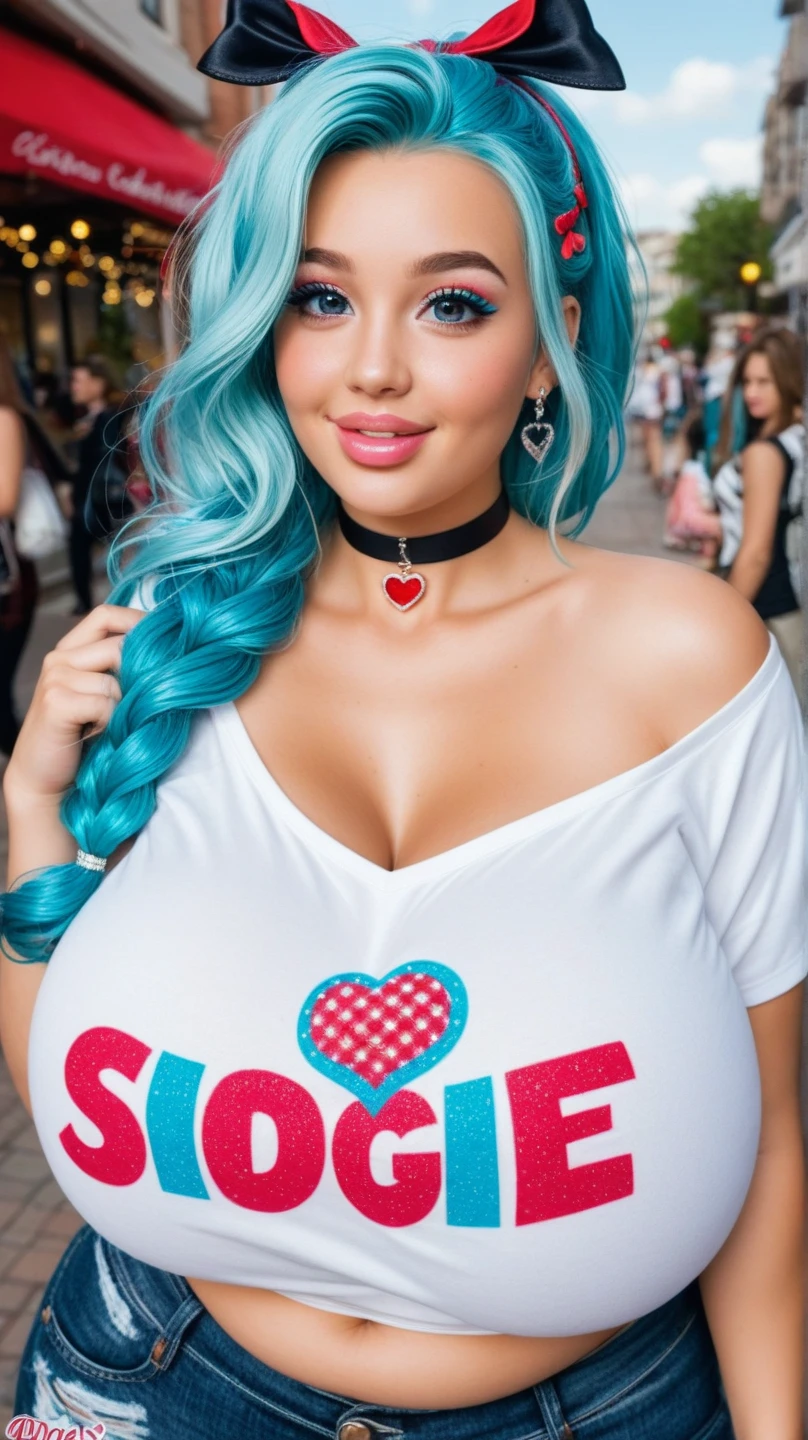 Hyper realistic Model, Natural lighting, blue hair, thick hair, clean face, green eyes, big boobs, heart shaped lips, wearing a multi color dress, posing at the umbrella street Paris. 