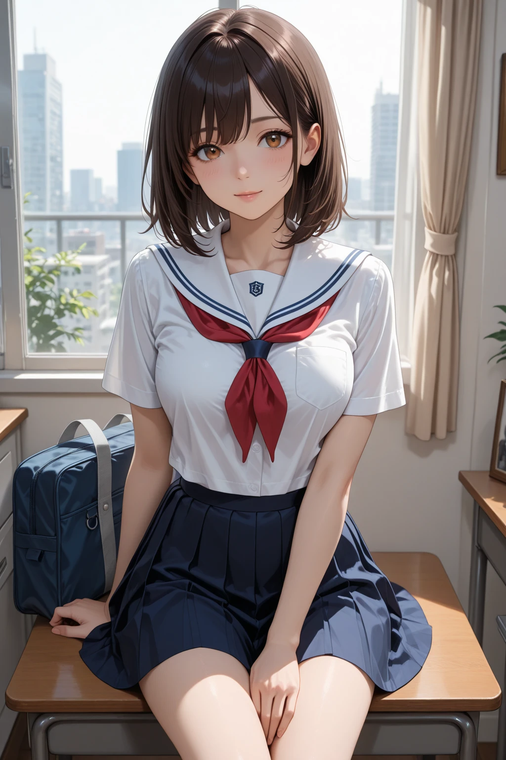 ((realistic:1.3)),((masterpiece,Highest quality:1.3,best quality illustration)),cowboy shot,独奏,1woman,18 year old beauty、black hair,short bob hair,bangs,black eyes,((gorgeous eyes)),((very small head:1.3)),shy,smile,((very long body:1.2,skinny)),small breasts,(Collared short-sleeved shirt、red bowtie,Navy blue pleated mini skirt),((tan skin:1.2)),gleaming skin,oily skin,slender body, Simple bedroom、Tokyo、