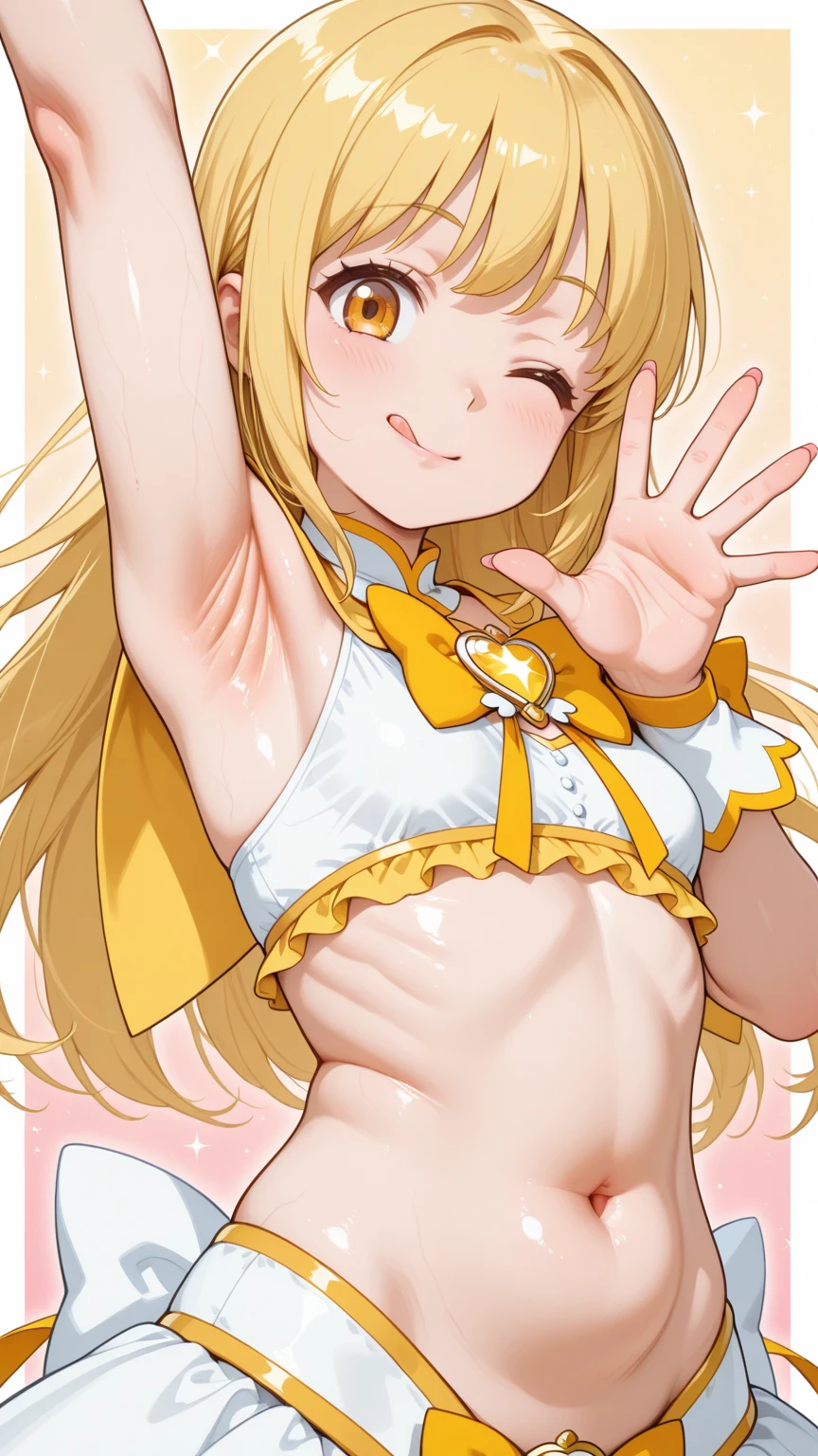 , アニメ, Petite little small junior body, Small breasts, Small breasts, Small breasts, topless, topless, topless, Nipples are visible, Nipples are visible, Nipples are visible, Large nipples, Pinching your own nipples, Stimulate the breasts, Breast milk, KY-CP, 1girl, yellow eyes, wide ponytail, hair flaps, hair between eyes, yellow hair, hair ornament, wing ornament, tiara, yellow choker, feather earrings, yellow bow, orange wrist cuffs, curepeace, biglongponytail, biglongponytail, biglongponytail, Yellow Hair, Yellow Hair, Yellow Hair, Petite little small junior body, Embarrassed, Small breasts, Small breasts, Small breasts, topless, topless, topless, Nipples are visible, Nipples are visible, Nipples are visible, Large nipples, Pinching your own nipples, Stimulate the breasts, Breast milk, Pinch and stretch the breasts, Pinch and stretch the breasts, Pinch and stretch the breasts, little small junior body, tiny, high quality, high detail, beautiful, 8K, Overall detailed, closeupface, A composition looking up from below the crotch, Close-up, Look Down, Look Down, Look Down,