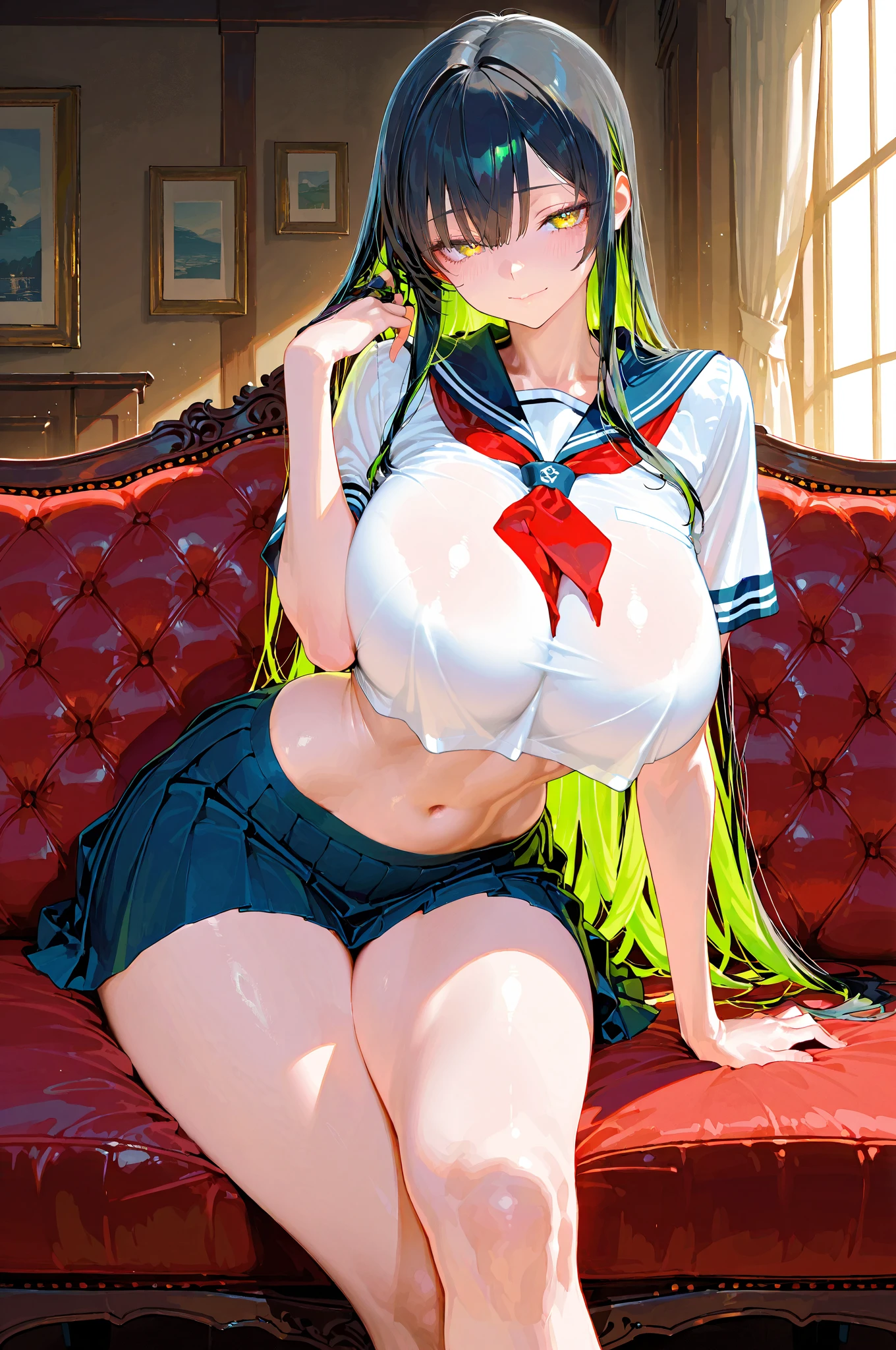 c.c.、code Geass、Under the skirt、Under the skirt、Under the skirt、Green Hair、Voluptuous body、Plump thighs、Best image quality、Captivating smile、High resolution、masterpiece、super high quality、Spread your legs 、Light green bra、Light green panties、とてもBig Ass、Blushing、4K quality、Sailor suit、Big Ass、Zoom in on the lower body、Wearing black knee socks、Pubic hair growth、Shooting from below、Blushed、Big Breasts、Embarrassed face