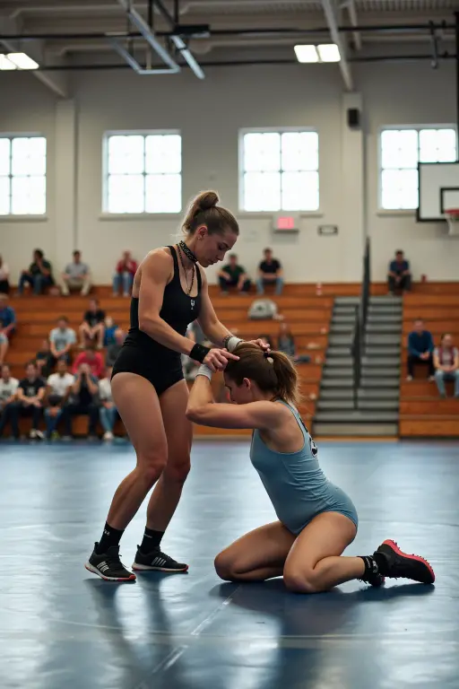 1A girl defeats her opponent in freestyle wrestling, sports, struggle, Competitions, high detail, Dynamic pose, Picture from above, sportsивная поза