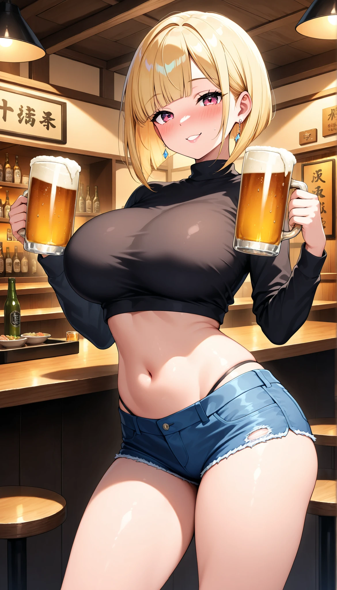 One girl、5 talents、Blonde、blue eyes、((The best smile))、Short Bob、Big Breasts、(Sweat:1.5)、(Wear a very thin white shirt、Wear short blue jeans)、(Thighs:2.0)、((Having a beer))、The background is a baseball field