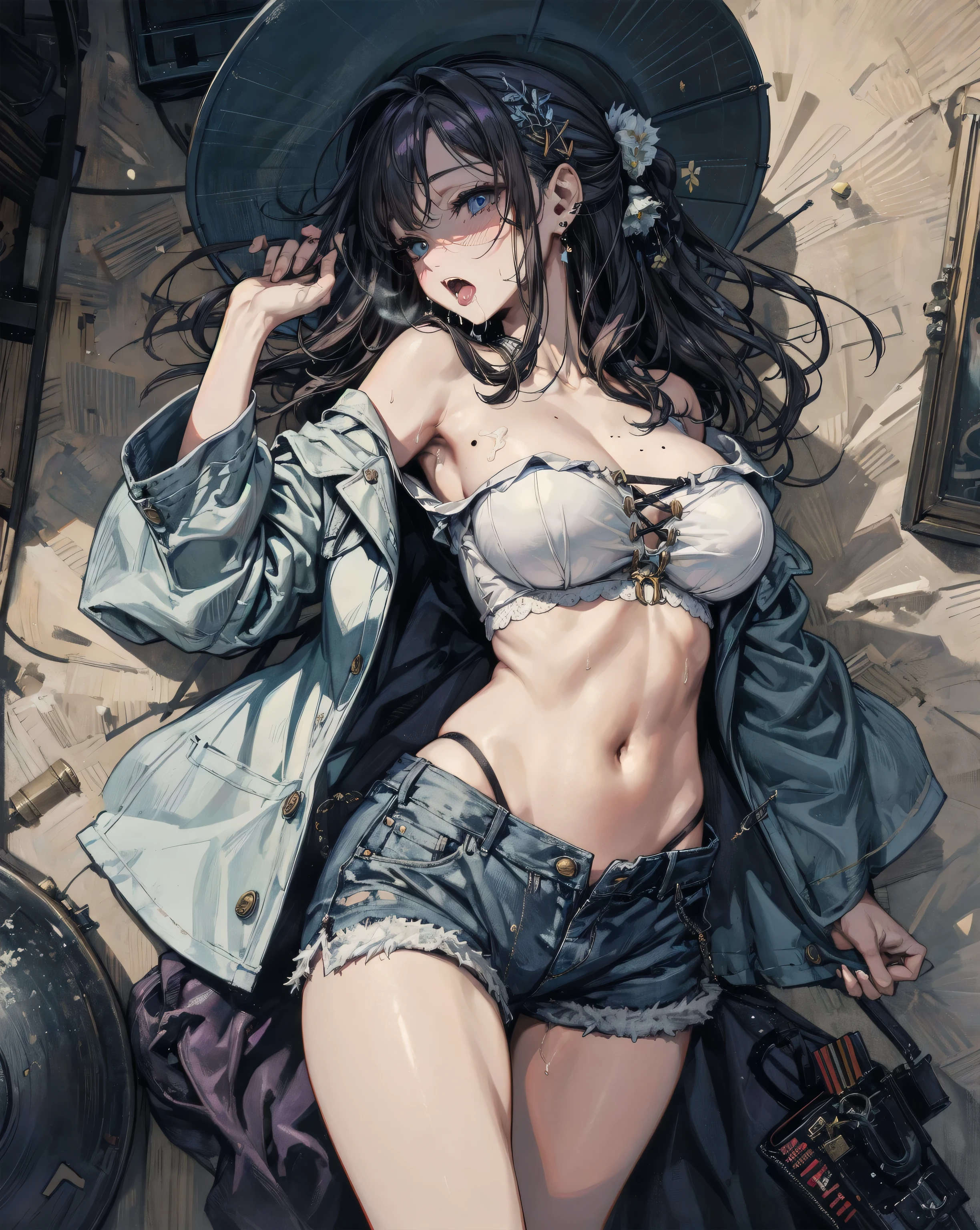 absurdres, RAW photo, extremely delicate and beautiful, masterpiece, Best Quality, ultra high resolution, 32k, hyperrealistic, ultra-detailed, perfect figure, tearful mole, earring, whole body shot, short medium hair, wavy hair, huge breast, casual, blouse, white shirt, buttoned shirt, bare shoulders, collarbone, midriff, navel, shorts, straw hat,