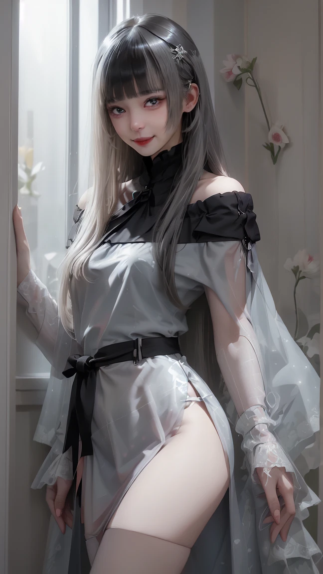 <lora:Sexy_Nun:0.55>,best quality, masterpiece, sexy_nun, 1girl,(beautiful face:1.4),((sitting)), red eyes,((full body)), solo,white hair, black veil, white bra, (black long sleeves), (pubic tattoo:1.2), navel, black leather pants, black boots , outdoors, flowers, house, sunshine