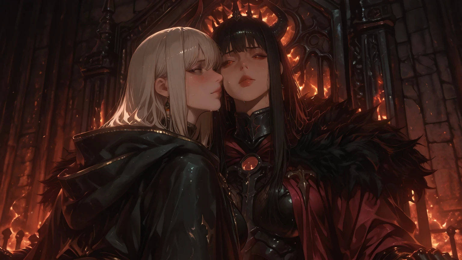 ((Highest quality)), ((masterpiece)), (detailed), （Perfect Face）、The woman is Princess Leona, a vampire and Countess of Dracula, with medium-long light brown hair, a gorgeous jeweled black dress and a vampire cloak, and is embracing Count Dracula.