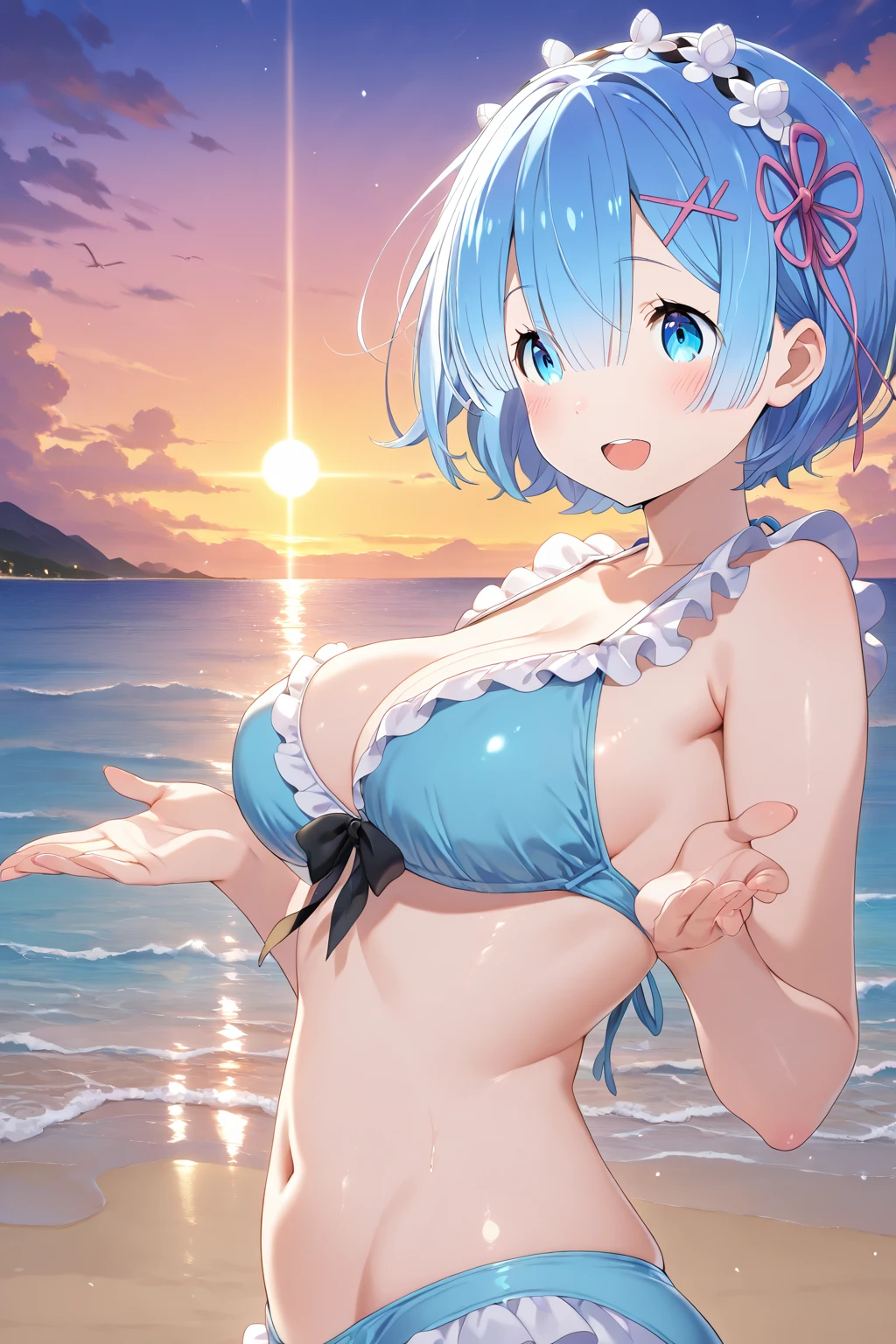 1girl, rem \(re:zero\)), re:zero kara hajimeru isekai seikatsu, masterpiece, best quality, very aesthetic, absurdres, looking at viewer, outdoors