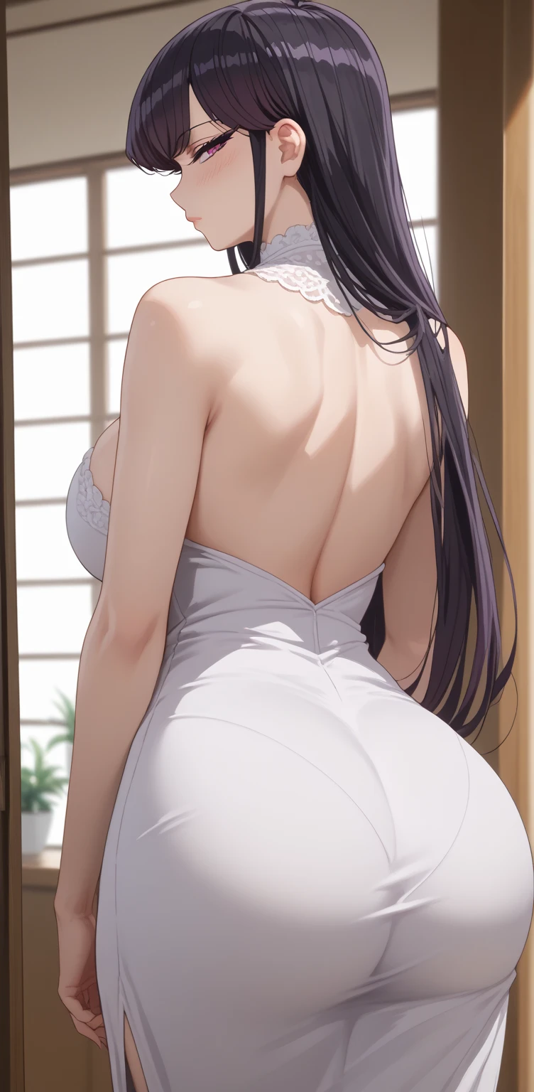 1milf & 1man, sex together ,sex from behind, doggy style sex, large_breasts, standing, solo, white dress , masterpiece, best quality, detailed face, detailed eyes, highres,score_9, score_8_up, score_7_up, score_6_up, 1girl, , mature female, black hair, long hair, black bra, black panties, seductive smile, balcony, railing, bent over, looking back, from behind, teasing, (covered in semen:1.4), porn