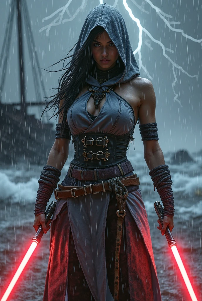 photorealistic, a beautiful girl, tall girl, wrapped up with black_bandages, beauty face, perfect body, walking stance, thirty degrees side view, dramatic photo studio, dramatic lightning, ambient, 8k