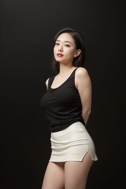 ((High resolution, High resolution, Attention to detail, masterpiece)), Rough skin, Anatomically correct, sharp, White Background ((Japanese Mature, 30 years old)), alone, Shapely large breasts, Straight black hair that reaches to the shoulders, Chubby body type, (((Stand upright, from the front)),T-Shirts, panties,Small nipples、On all fours