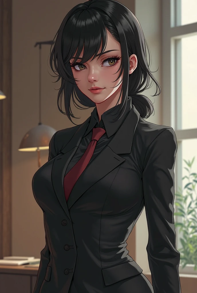 A woman. Black Pinstripe Suit. White shirt.  green eyes. Green lipstick. Green and Black Hair. Small Breast