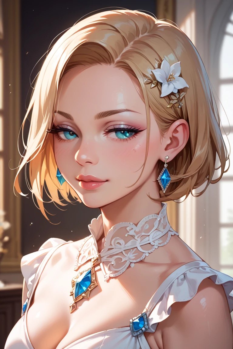 Portraiture, Realistic, Elegant mature woman, blue eyes, Blonde, 4K resolution, Ultra-detailed CG, Beautiful CG, Soft Light,See-through blouse (NSFW),Small breasts,Detailed eyes,Detailed face,Closed Mouth,Blue sparkling detailed eyes
