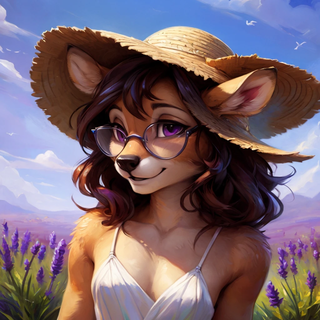 uploaded on e621, artstation, by Pixelsketcher, by Bayard Wu, by Thomas Benjamin Kennington , by Einshelm, by hioshiru and kenket, Chunie, portrait, solo anthro female deer doe, with small featureless breasts, clear dark blue, cinematic lighting, day, sunny day, lavender field, stays in a lavender field, lavender field background, mediterranean background, horizon background, shiny, short curly dark brown hair, wears big black nerd glasses, very very beautiful furry art, furry art, smiling, joyful, shiny, happy, feminine, cute face, muzzle, fluffy chest, flawless face, Fallow deer, 1girl, Sakimichan is beautiful, Masterpiece, Wavethesallow Face, shiny, Detailed image, portrait, Detailed image, portrait, full body, wearing pure white and wide spaghetti straps dress, wearing big and wide beige summer straw hat, shiny, realistic face, perfect anatomy, hourglass body, (furry body:1.1), anthropomorphic deer, looks at the viewer, small fluffy tail, detailed background, (cute anatomy:1.1), walks in a lavender field
