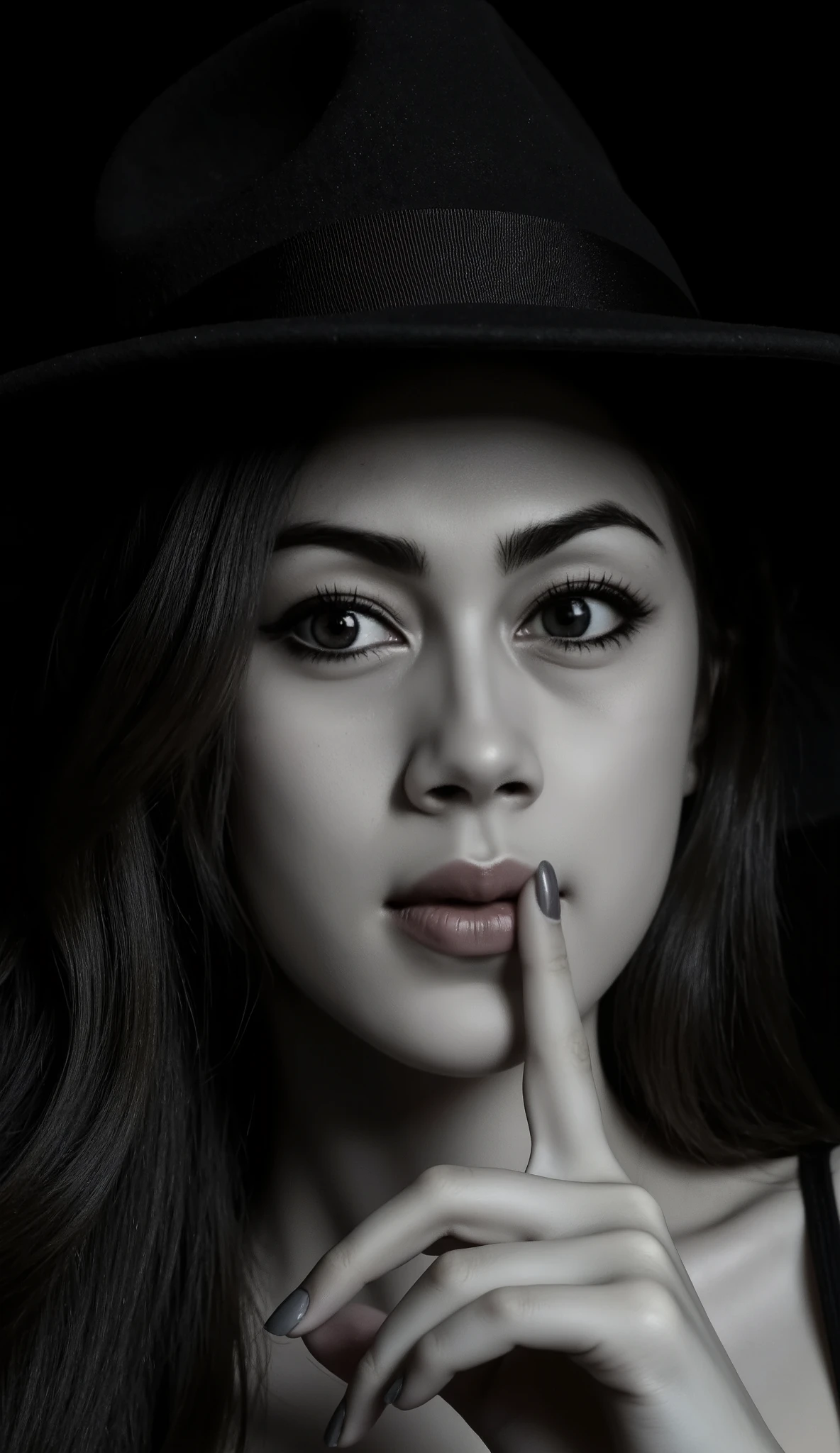 This is a striking, dramatic close-up portrait of a woman, rendered in a monochrome palette with a single splash of vivid color on her lips. The image conveys a sense of mystery and allure.
Her face is partially obscured by the brim of a dark hat, which casts a deep shadow over the upper right side of her face, leaving only one eye clearly visible. The visible eye is wide and captivating, with long, dark eyelashes and a light iris that stands out against the surrounding darkness. Her skin is rendered in shades of gray, with subtle highlights and shadows defining her cheekbones and nose. There are hints of very subtle freckles on her visible cheek.
Her most prominent feature is her mouth, where her lips are painted a vibrant, rich red. Her left index finger is pressed against her lips in a "shhh" gesture, suggesting silence or a secret. This finger is long and slender, and her fingernail is painted a dark, possibly gray or black, color that contrasts with the red of her lips. The hand itself is also in shades of gray.
Parts of her dark, wavy hair are visible around the edges of the hat and her face, blending into the dark background. The lighting is highly stylized, using strong contrasts between light and shadow to create a film noir-like atmosphere. The overall mood is enigmatic and powerful.