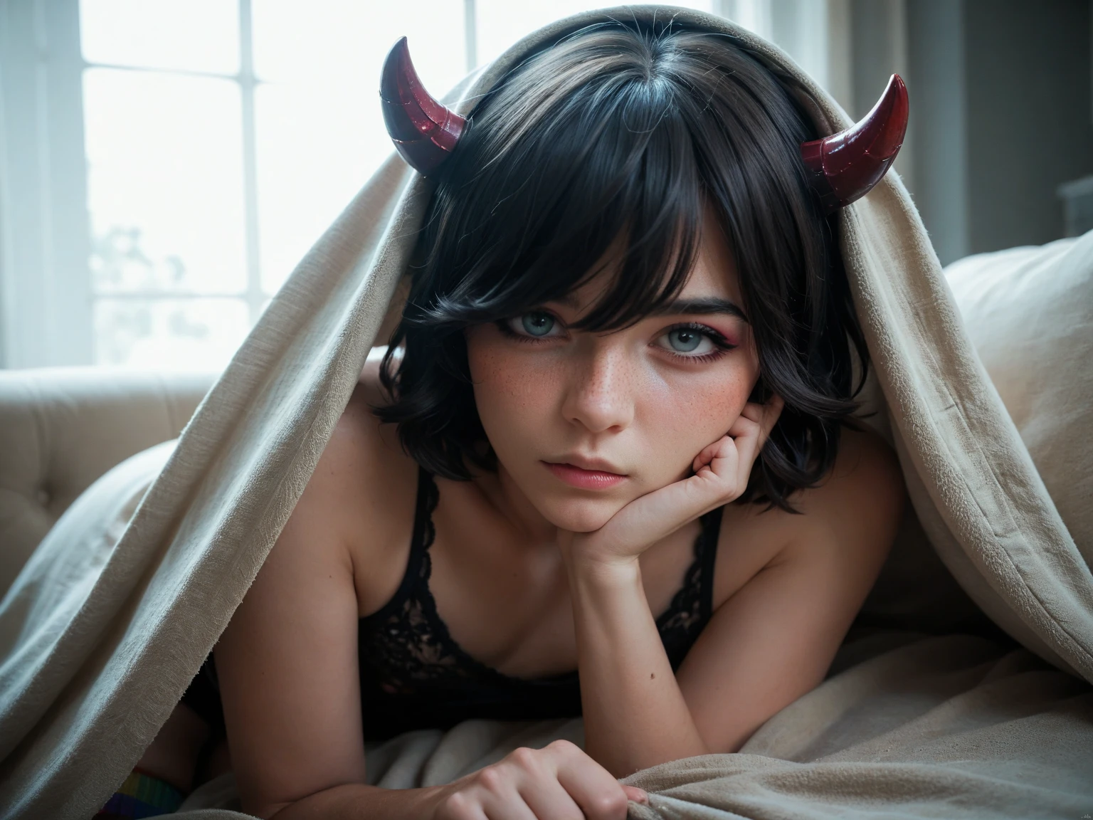 1man, solo, NSFW, {Small Penis}, high quality, masterpiece, medium hair, demon horns, slim body, blue eyes, cum in butthole, {showing genitals}, on bed, {Twink},