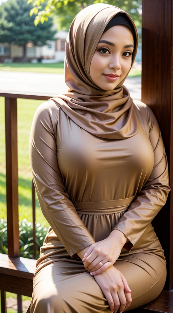 RAW, Best quality, high resolution, masterpiece: 1.3), beautiful Malay woman on hijab (iu:0.8), perfect nose,perfect lips, perfect eyes, detail :1.2),big breast,1 Malay girl, modern plain hijab,full body image detail, watery eyes, RAW, Best quality, high resolution, masterpiece: 1.3),big breast, perfect nose,perfect lips, perfect eyes, detail :1.2), soft smile,, woman in a black and light brown outfit standing in a bathroom, full subject shown in photo, draped in silky light brown, multilayered outfit, full body , with yellow cloths, tied - up shirt,, close-up