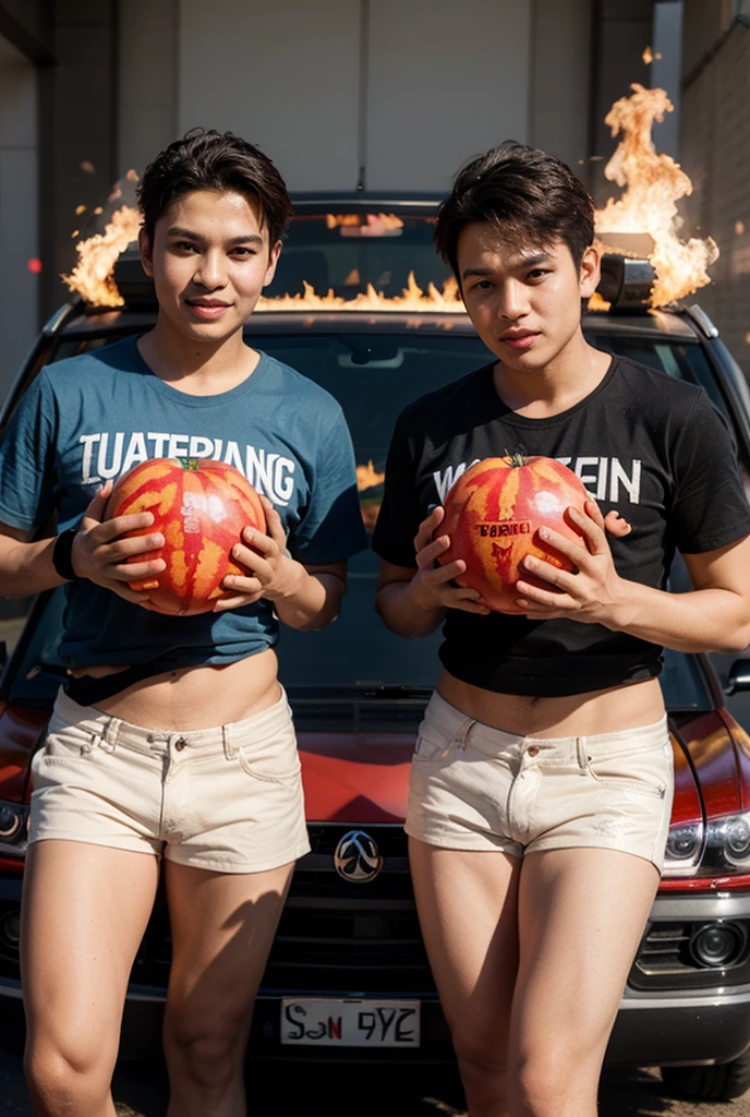 Two Japanese junior high school students、13 years old、Very short、Slightly raised muscles and smooth skin、Sporty short hair、Very friendly, healthy and relaxed smile、His lively pose and figure give him a childlike impression..、Sexy lightweight boxer shorts in orange and white、The area of fabric is very small、Healthy muscle development from an early age、Short muscle poses in the bathroom、