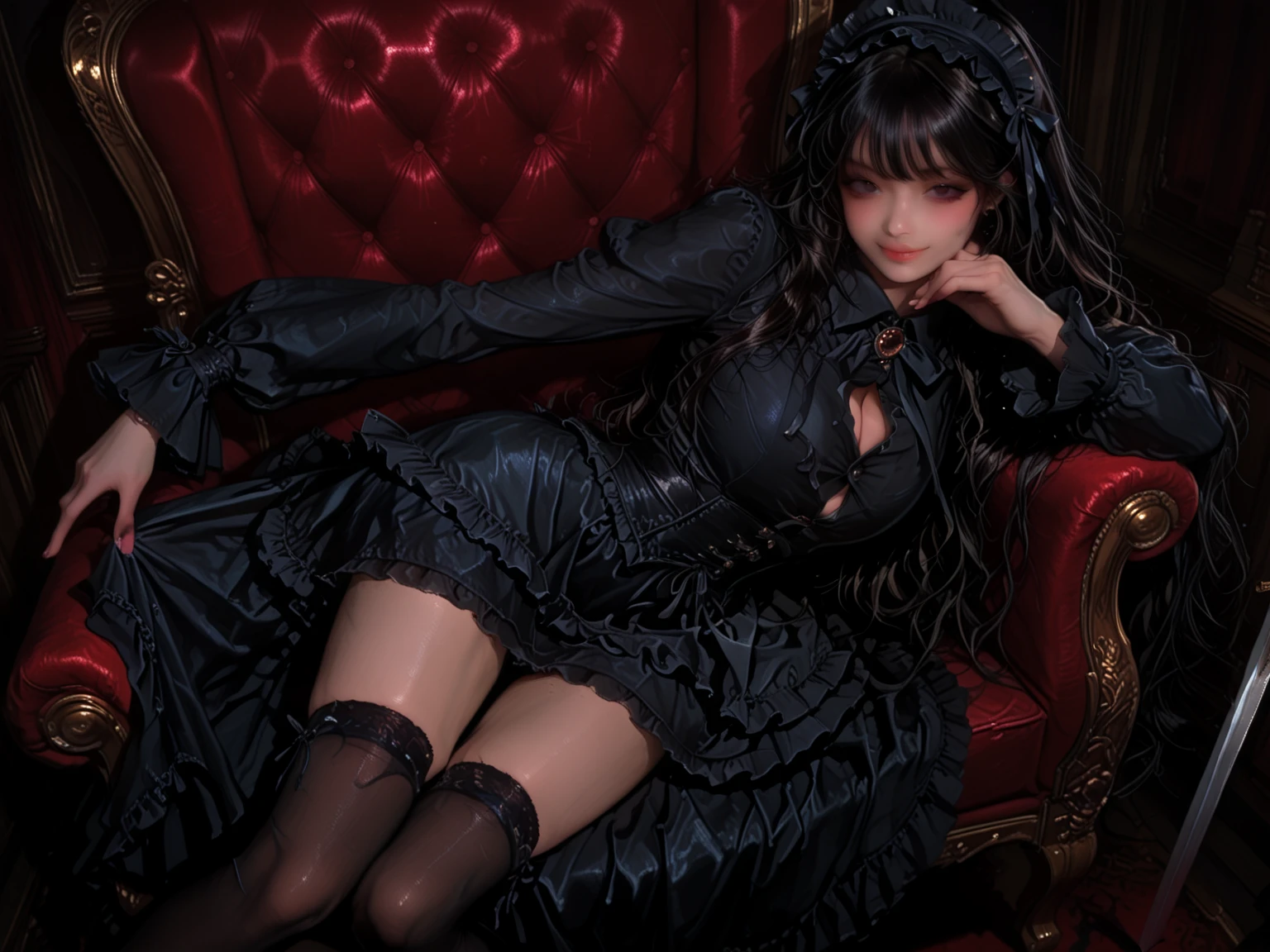 Ultra realistic, 16k, high quality, (realistic textures) 、The beauty of fragrance、24 years old、Expressions of intense sexual pleasure、Ashamed look、Dark Gothic、Obscene language、Highest quality、Expression of sexual pleasure amid suffering、Drunken face、Noble、The face of someone who is holding in the bathroom、double tail hair、right blue eye, left eye is red、Super seductive pose、platform heel shoes、Heavy makeup Goths、Black hair、Long straight hair、beautiful gothic dress、pretty face、features elegant、fascinating face、Stained glass is the background、Chest shining with sweat、The room is dark、gothic long dress、bell sleeves、Glossy thighs wet with water、Wet thighs shiny with oil、Background of a room full of roses、 different poses at different angles 、The thighs are the best、masterpiece, dream atmosphere, cinematic lights, gothic aesthetic,