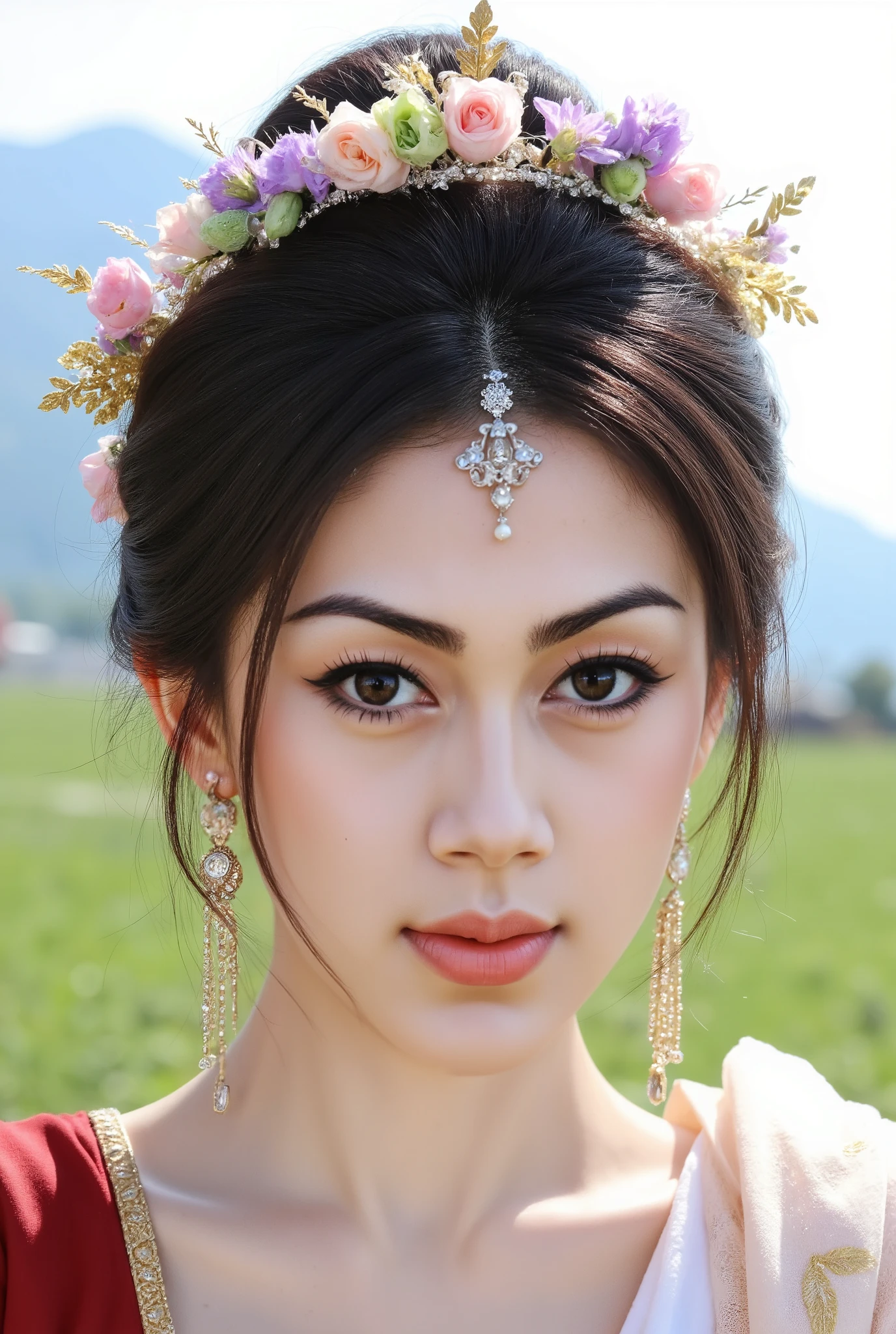 "A captivating and exquisitely detailed close-up portrait of a young woman, styled in what appears to be traditional or fantasy Asian attire. Her dark hair is elegantly styled, possibly in an updo, adorned with a magnificent floral wreath or crown composed of various flowers in shades of pink, purple, and green, along with delicate golden leaf-like embellishments.
Her fair skin is flawlessly rendered. Her makeup is striking, featuring prominent reddish-orange eyeshadow with a soft, winged effect, light pink blush on her cheeks, and a vibrant reddish-orange lipstick. Her eyes are a warm brown and gaze directly at the viewer with an intense yet serene expression.
A beautiful ornate bindi or maang tikka-like piece of jewelry, possibly silver or gold with jewels, hangs elegantly on her forehead. She is also adorned with long, dangling gold-colored earrings that appear to have multiple strands or intricate designs.
She is wearing an elaborate outfit, visible as rich red fabric with subtle patterns and a delicate, sheer white or pale pink scarf-like material draped around her neck and shoulders. The background is softly blurred, hinting at an outdoor setting with greenery and a distant mountain or natural landscape under a bright sky, suggesting a serene and beautiful environment."